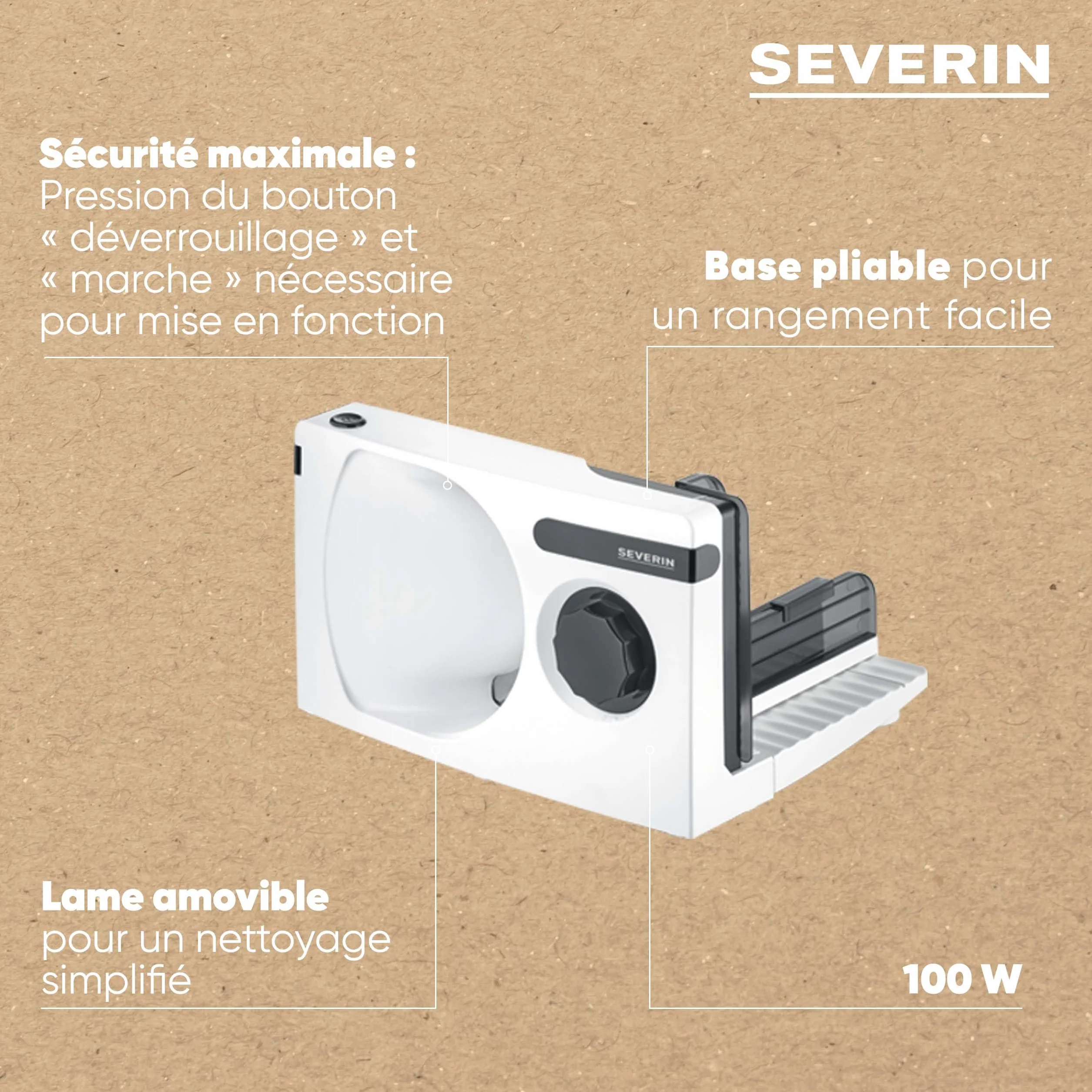 SEVERIN AS 3912 Trancheuse électrique 100 W, lame inox amovible, Blanc