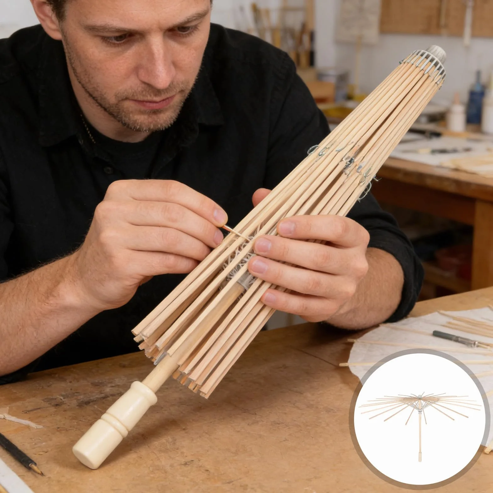 Armature de Parasol en Bambou Artisanal avec Poignée Antidérapante pour DIY et Mariage