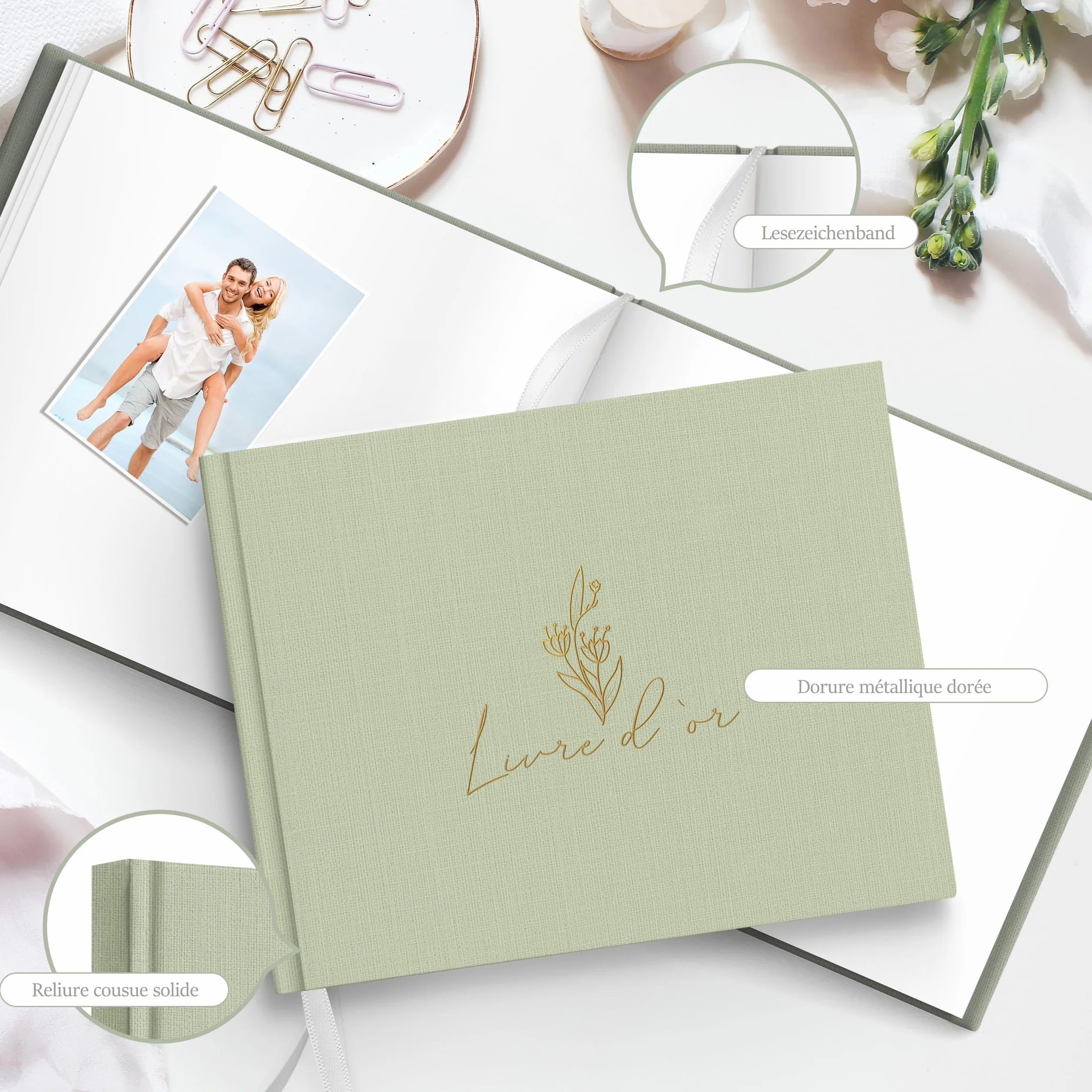 Livre d’Or en Lin Vert – Carnet de Messages & Souvenirs