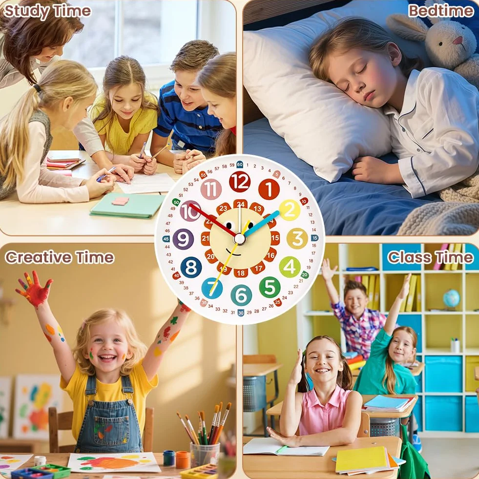 Réveil Enfant Silencieux sans Tic-Tac Analogique Horloge de Table avec Lumière de Nuit Piles Blanc