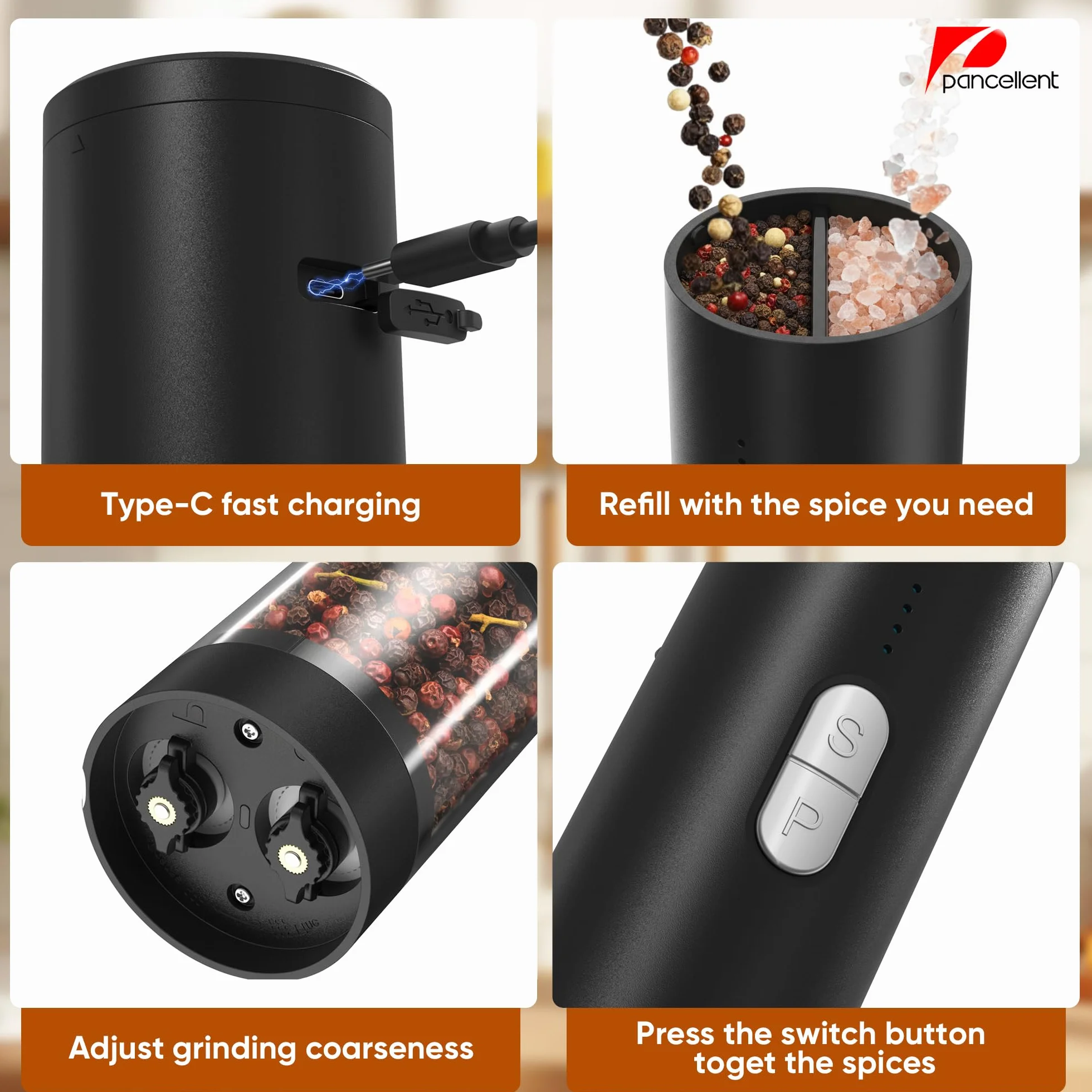 Moulin à poivre et sel électrique 2 en 1 rechargeable USB, automatique avec éclairage LED, réglable