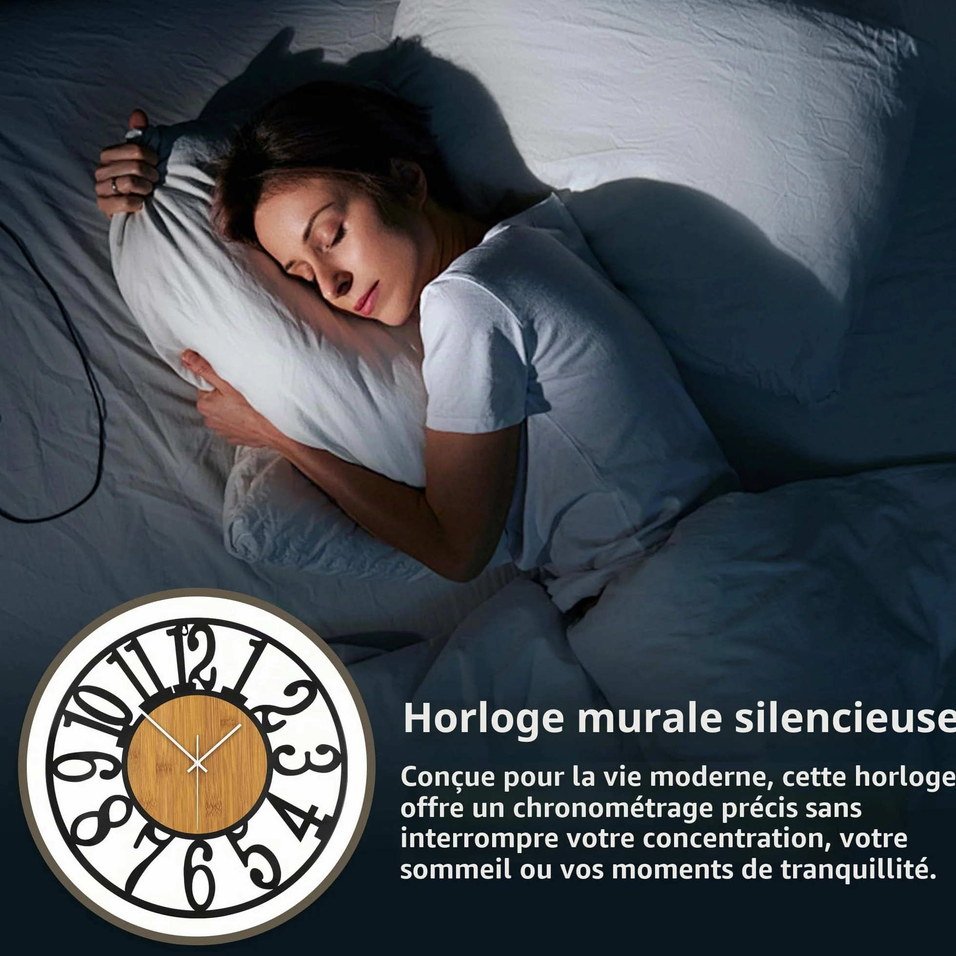 Horloge murale 50 cm silencieuse bois métal noir moderne salon cuisine