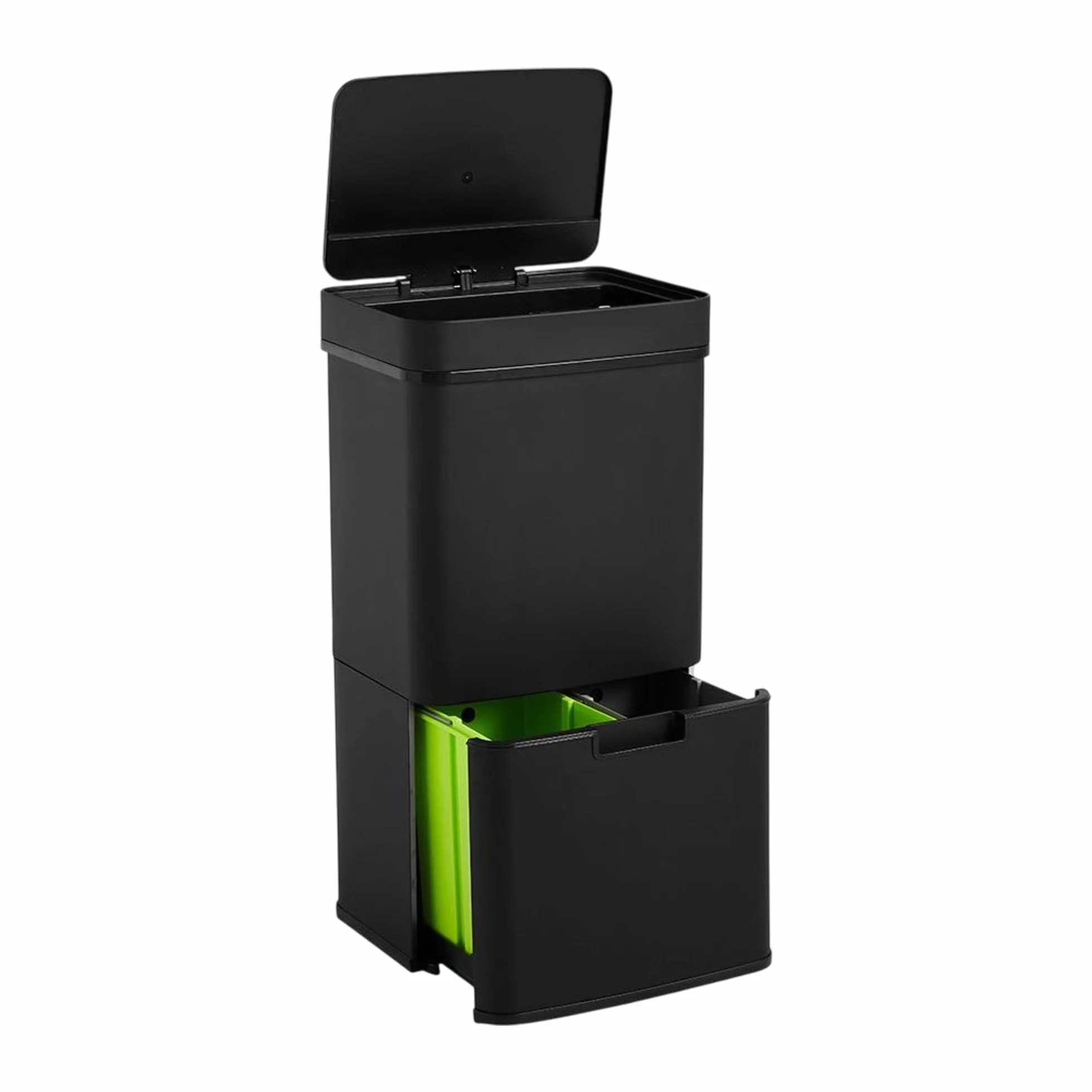 Poubelle de recyclage 62 L acier inoxydable noir ouverture automatique capteur 2 compartiments