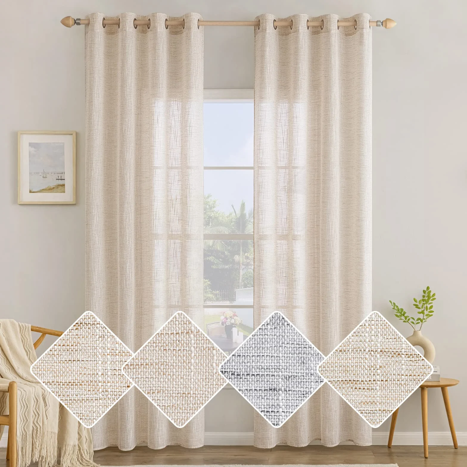 Rideau Voilage Lin 140x225 cm Lot de 2 Riz Blanc MIULEE