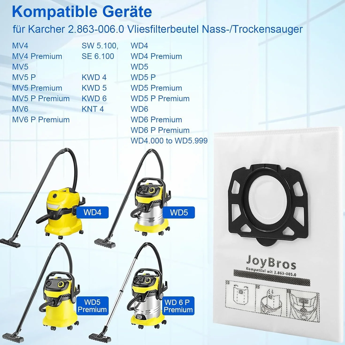 Sacs à Poussière Compatible Kärcher WD4 WD5 WD6 PS WD5P WD6P Premium MV4 MV5 MV6 - Lot de 10