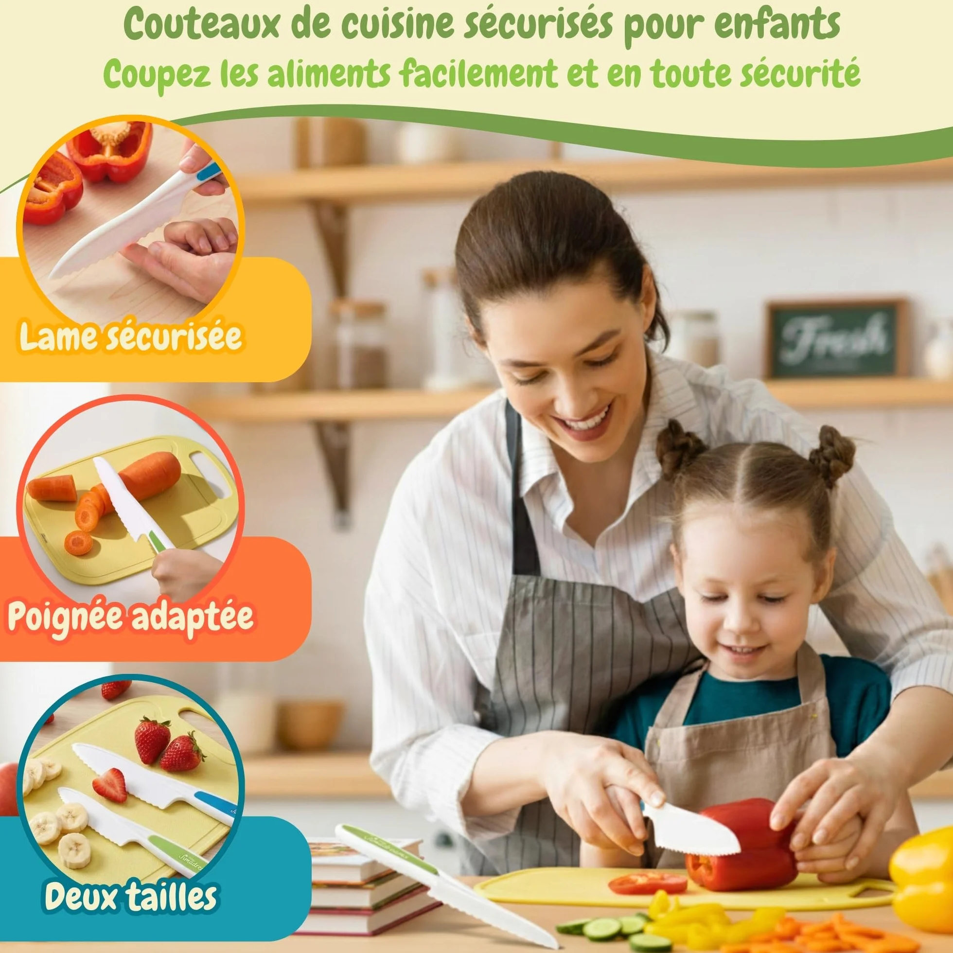 Kit Cuisine Enfant Montessori avec Couteaux Sécurisés - Vrais Ustensiles sans BPA, Set Couteau et Planche à découper, Coffret Cadeau Petit Chef 3 Ans