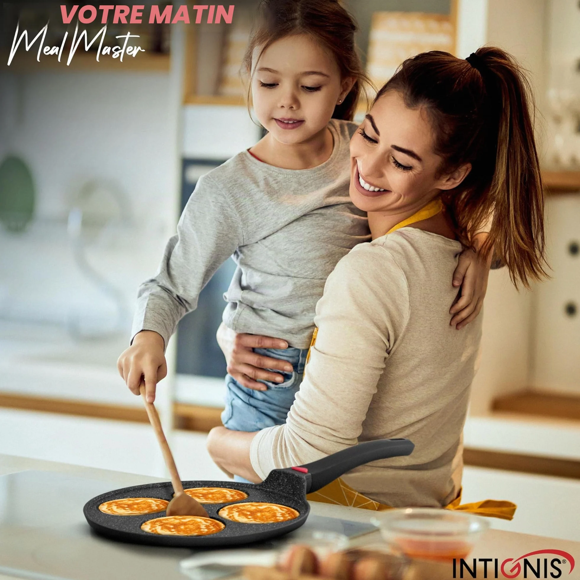 INTIGNIS Poêle à frire antiadhésive céramique 27 cm pour mini-crêpes 4 moules Induction