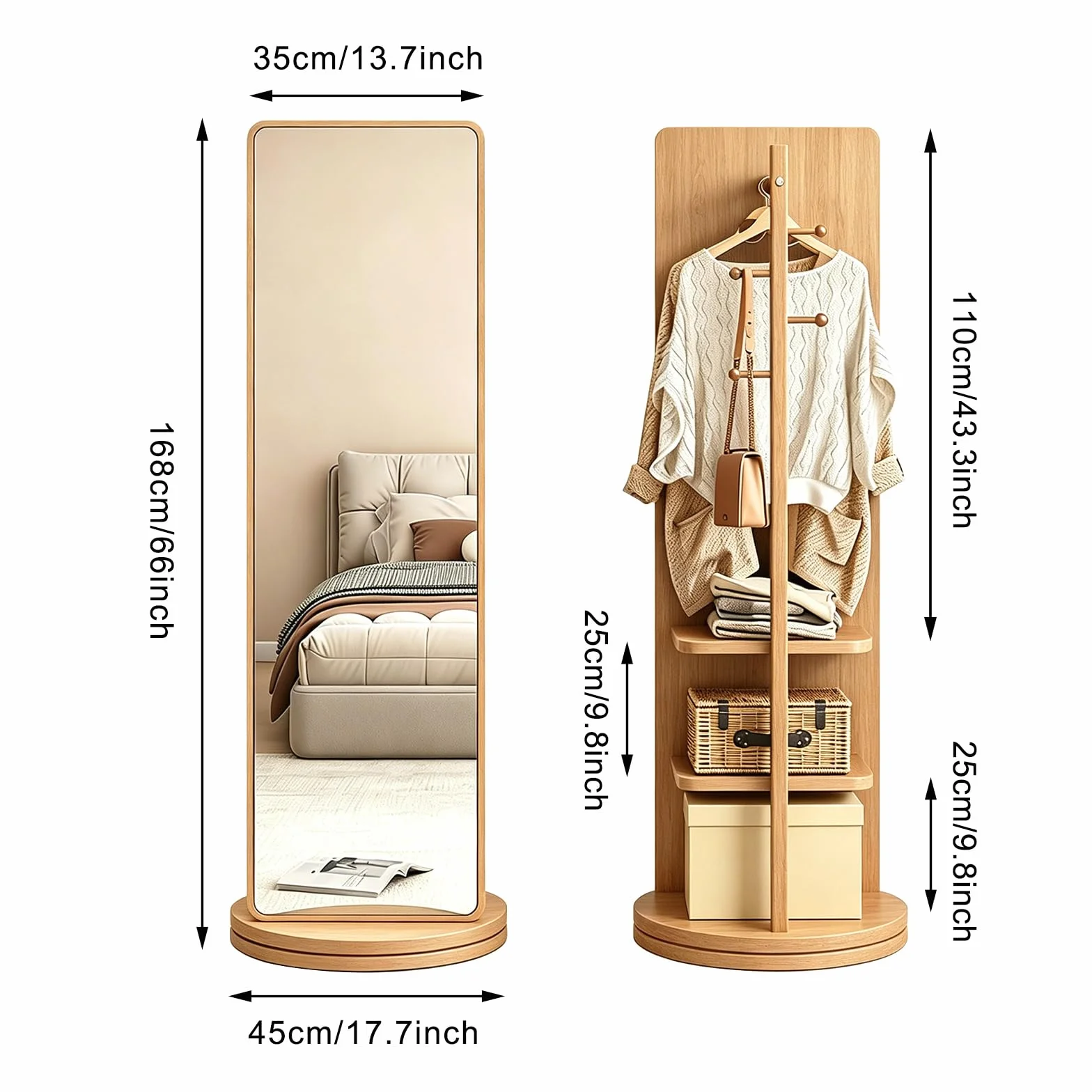 Miroir Pleine Longueur Rotatif à 360° avec Portemanteau en Bois Massif pour Chambre