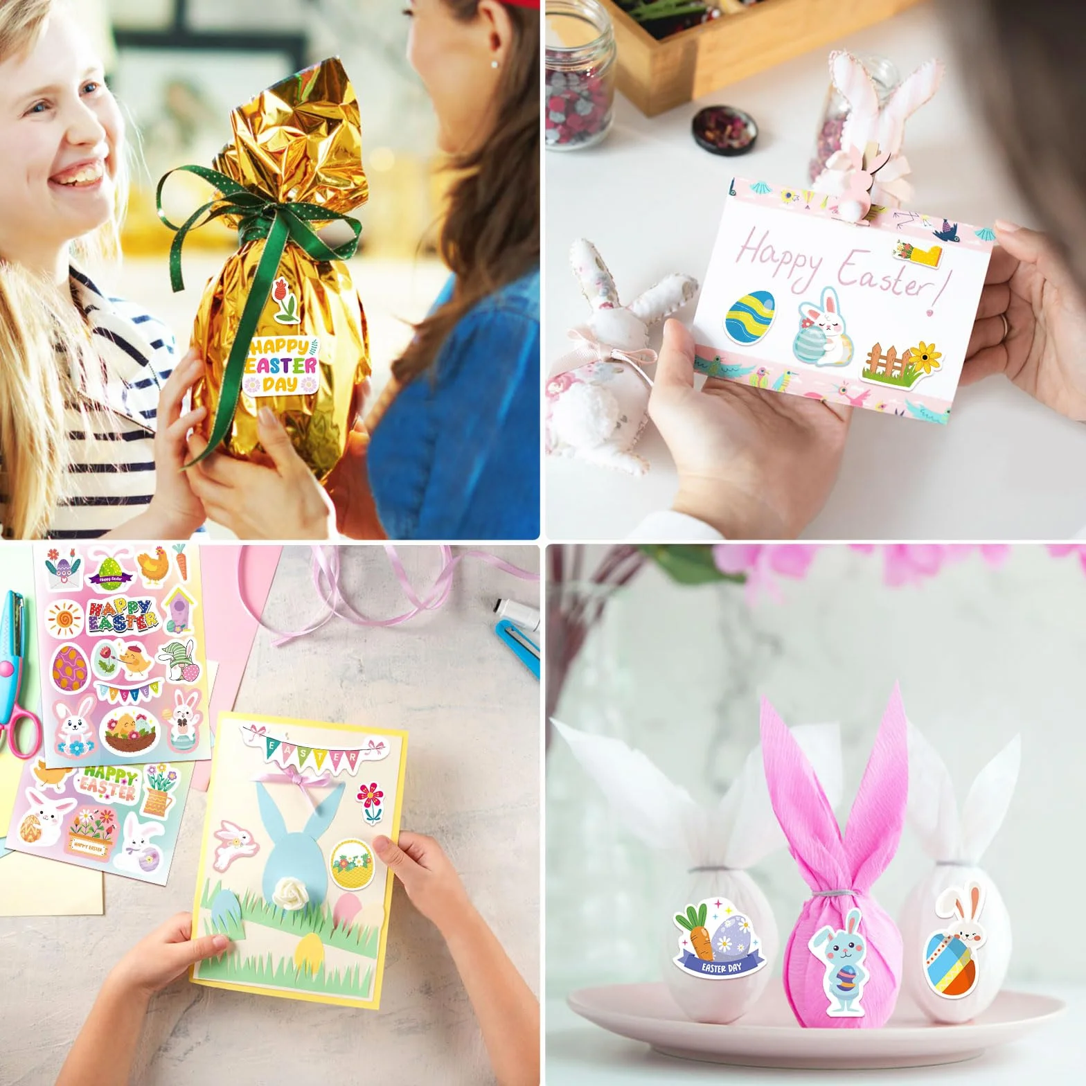 Autocollants Pâques 24 Feuilles 342Pcs Gommette Œuf Lapin Carottes Panier Cartes Enveloppes Scrapbooking Enfants Fournitures Fête