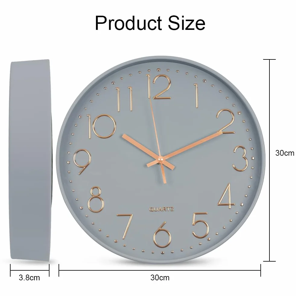Aolso 30CM Horloge Murale Design Moderne Silencieuse, Mouvement à Quartz, 12 Pouces Ronde, Salon Bureau Chambre (Cadre Gris Fond Gris)