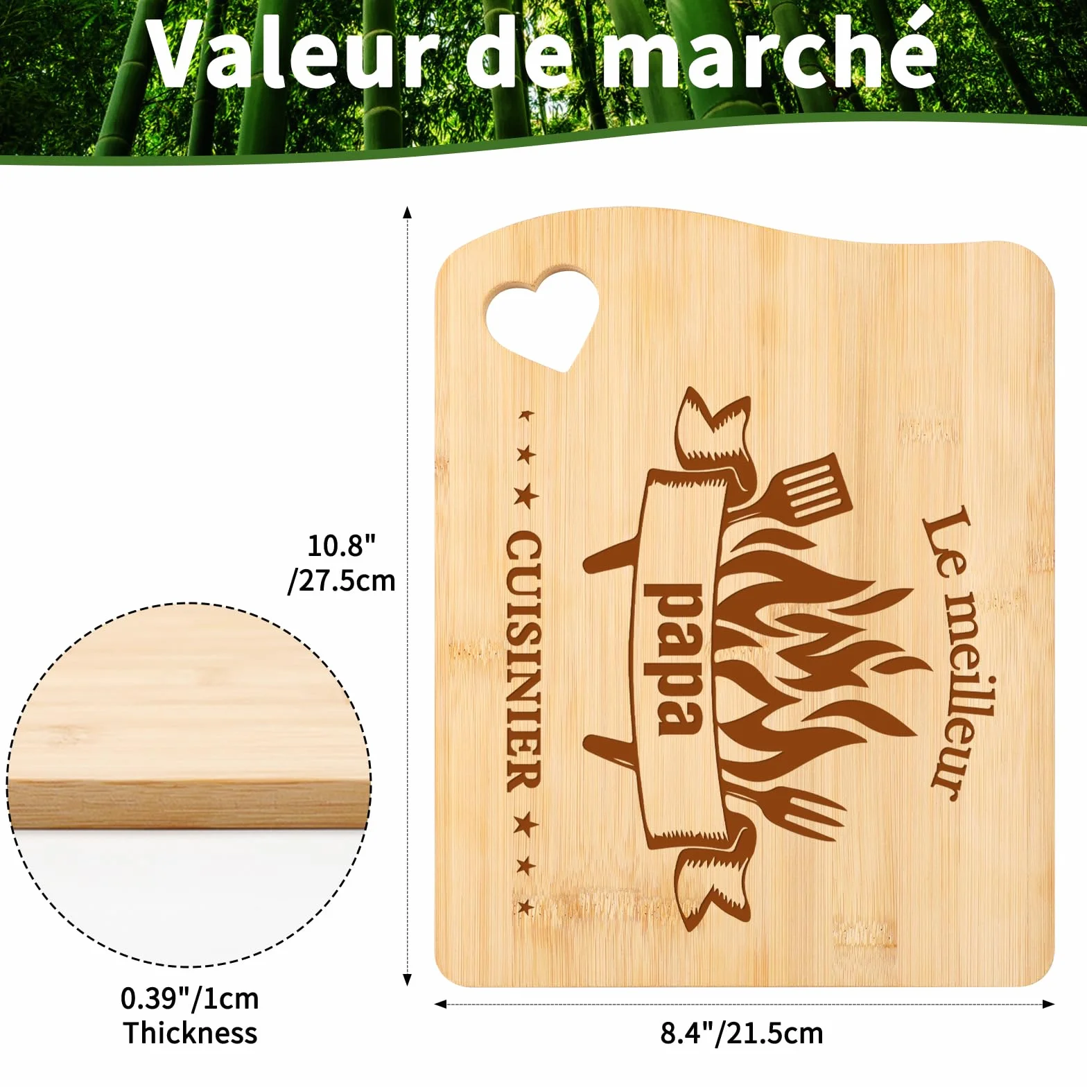 Planche à Découper en Bambou Sculptée Cadeau Papa Fête des Pères