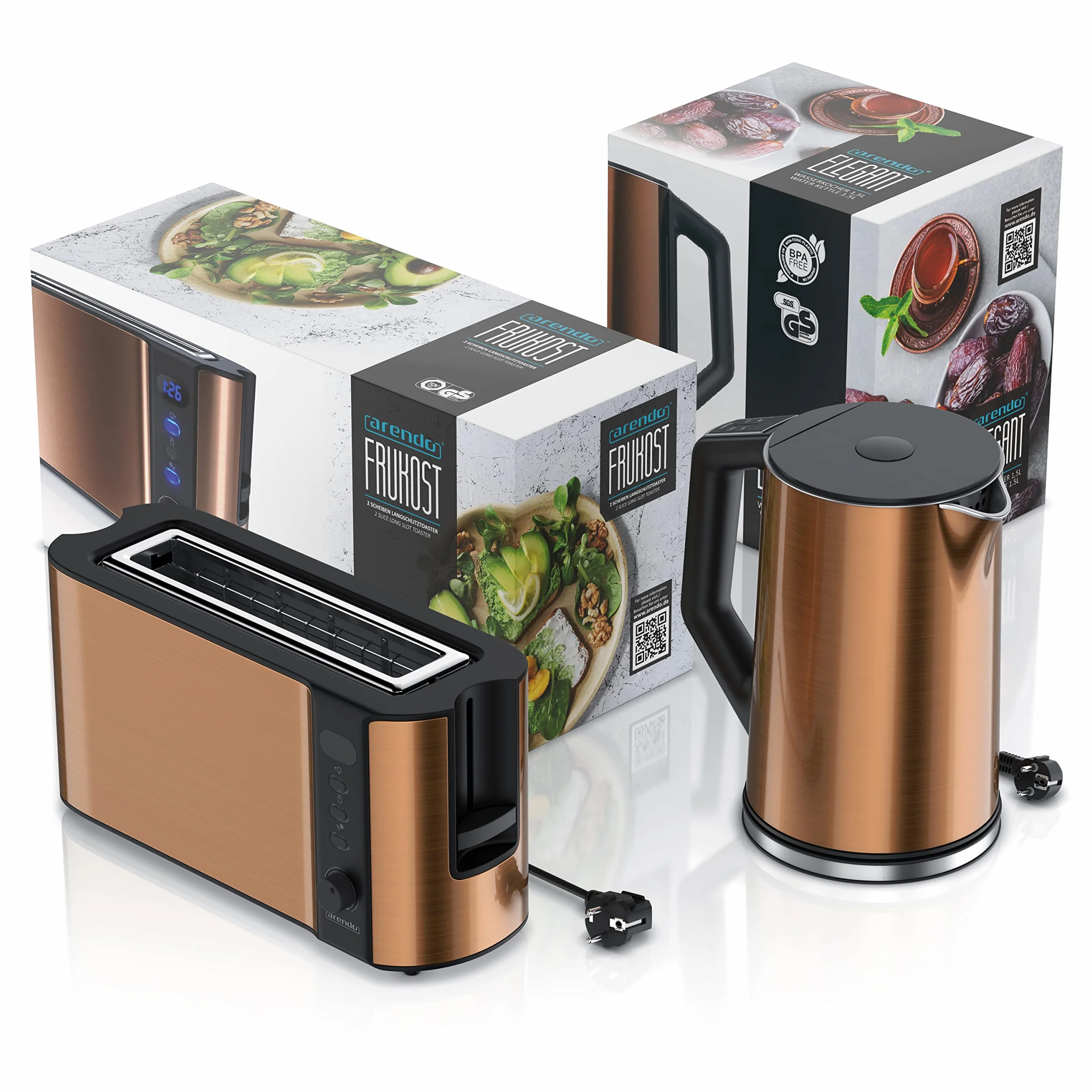 Arendo Ensemble Bouilloire et Grille-Pain INOX 1,5L 40-100°C 2 Tranches LED Cuivre