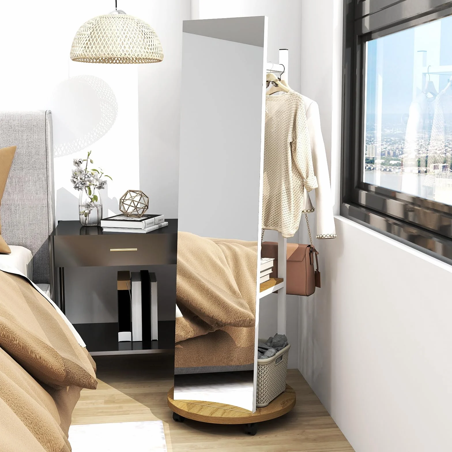 COSTWAY Miroir sur Pied Grand avec Porte-Manteau 4 Roues Pivotantes 360° 3 Crochets Cadre Métal 45 x 135 cm Blanc Naturel