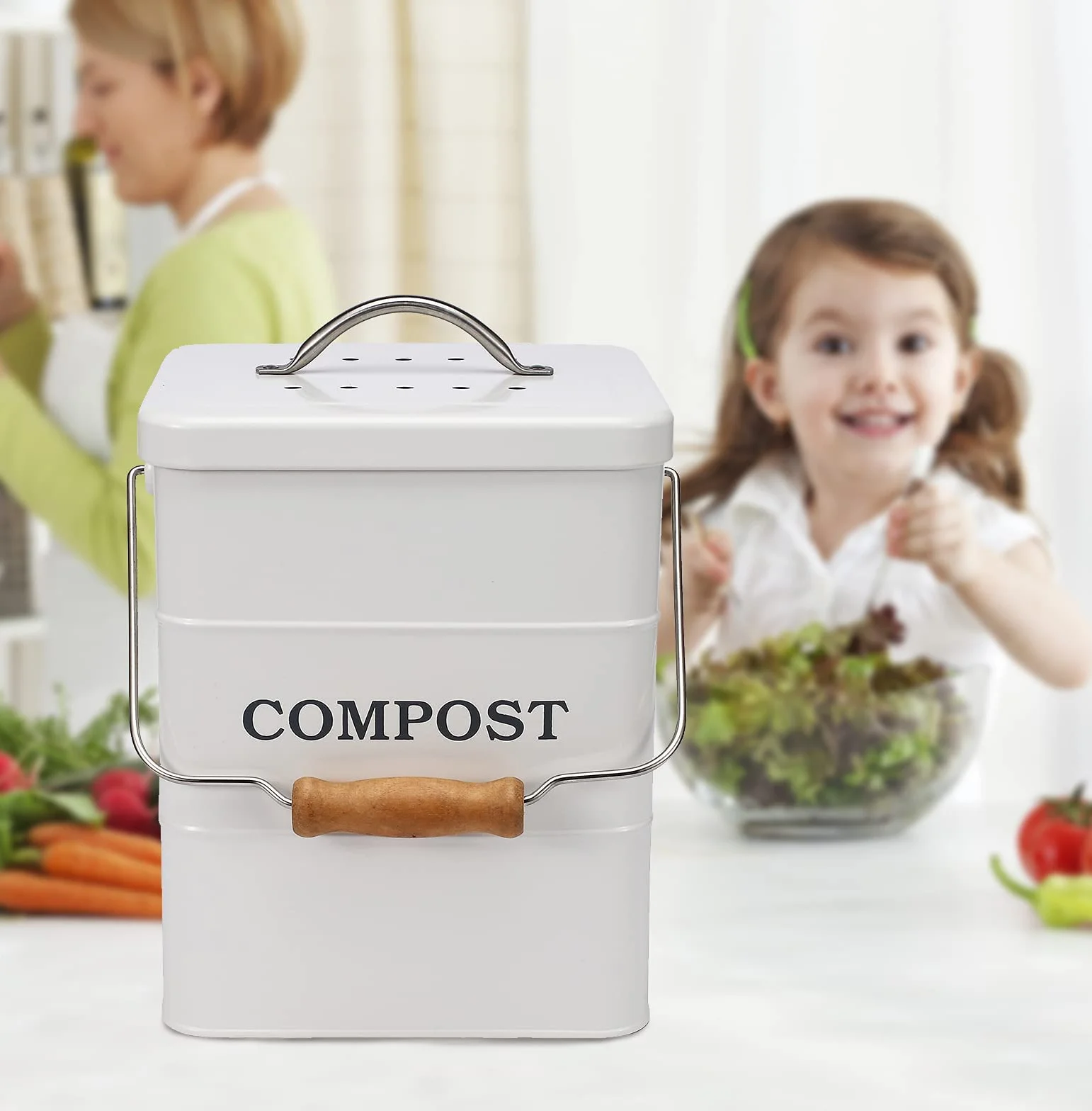Poubelle à Compost en Acier au Carbone 6 L avec Couvercle et Filtre à Charbon Blanc