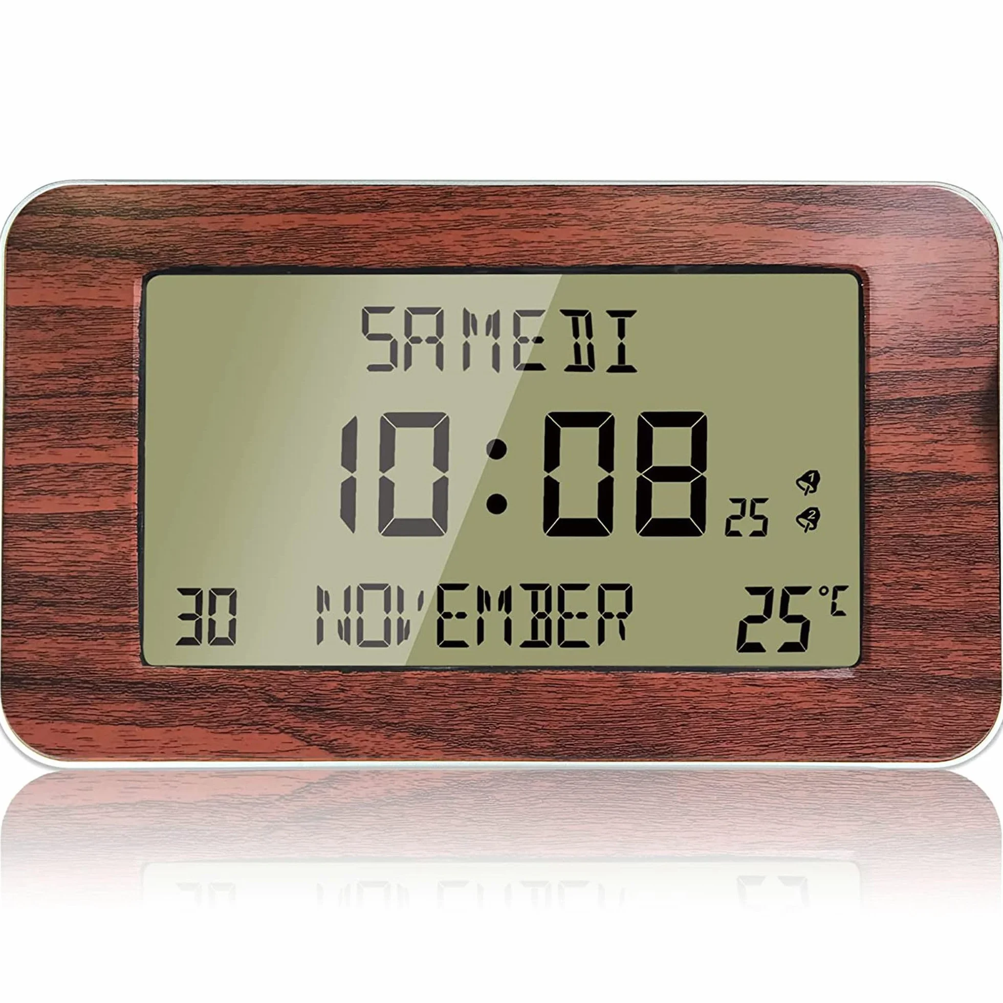 FISHTEC Horloge Réveil Numérique Murale Radiopilotée Grands Chiffres 6 Langues 2 Alarmes Température