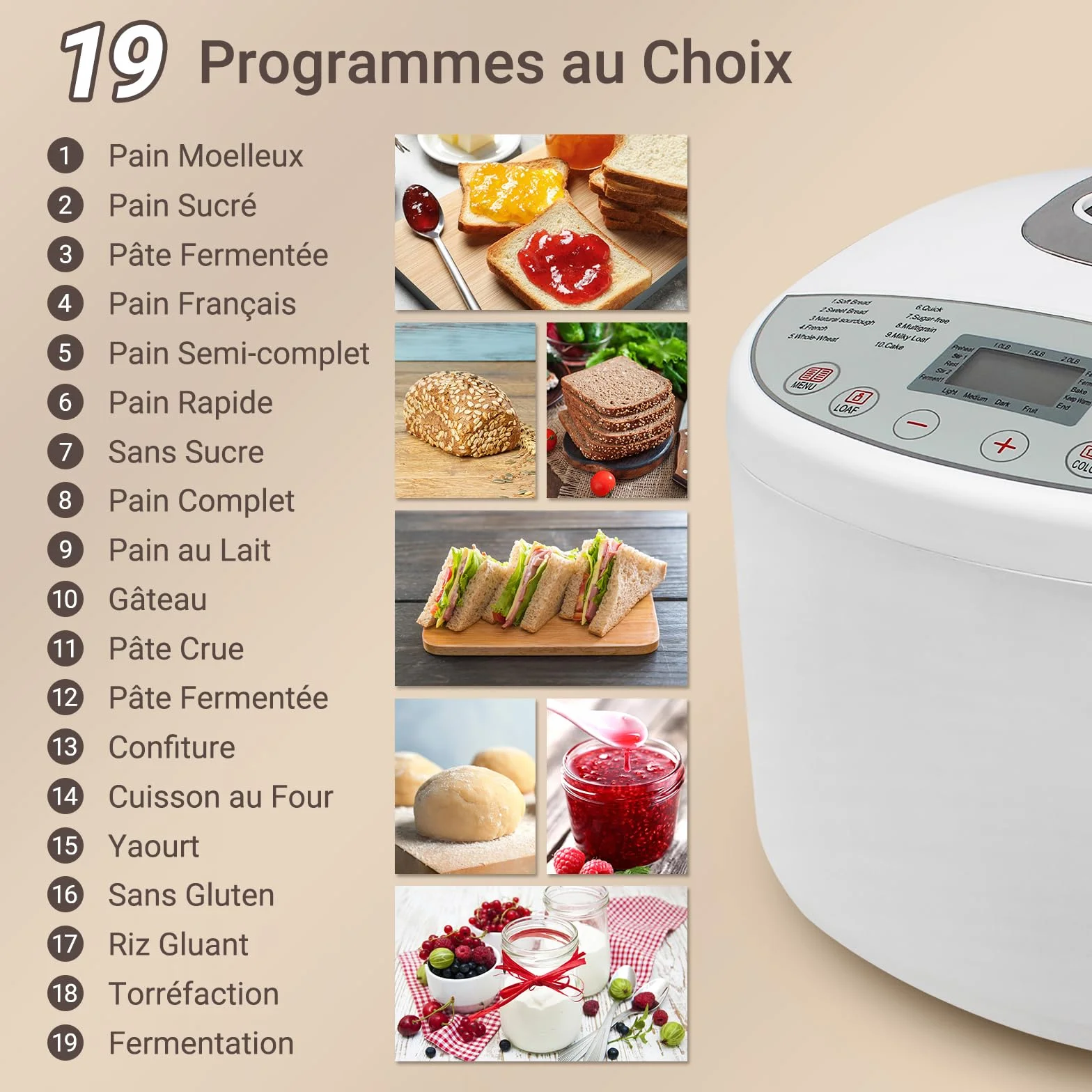 Todeco Machine à Pain 19 Programmes 3 Tailles 1.0/1.5/2.0LB