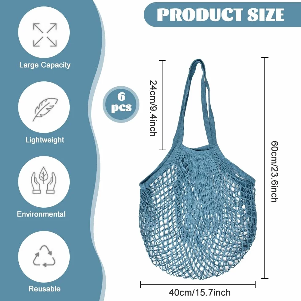 Sacs de Courses en Maille Coton 60x30 cm, Filet Provision Longue Poignée, Sac à Provisions Respirant pour Fruits Légumes, Lot de 6