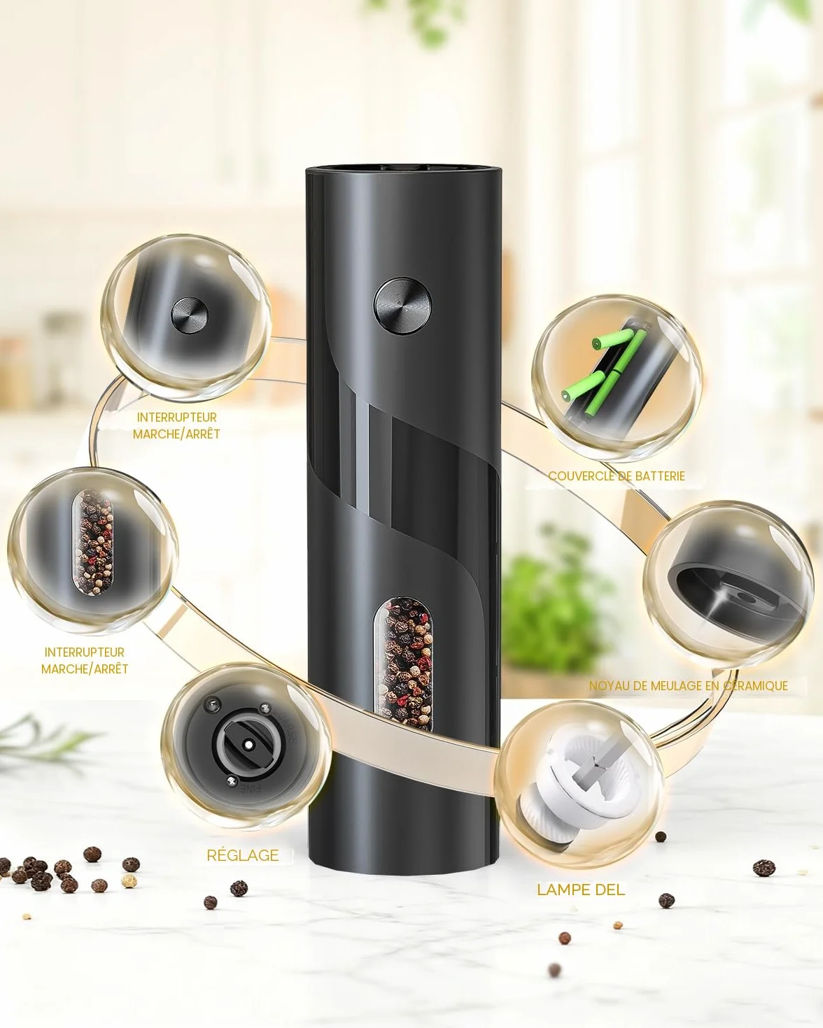 Moulin à sel et à poivre électrique 120 ml lot de 2 avec éclairage LED - Noir