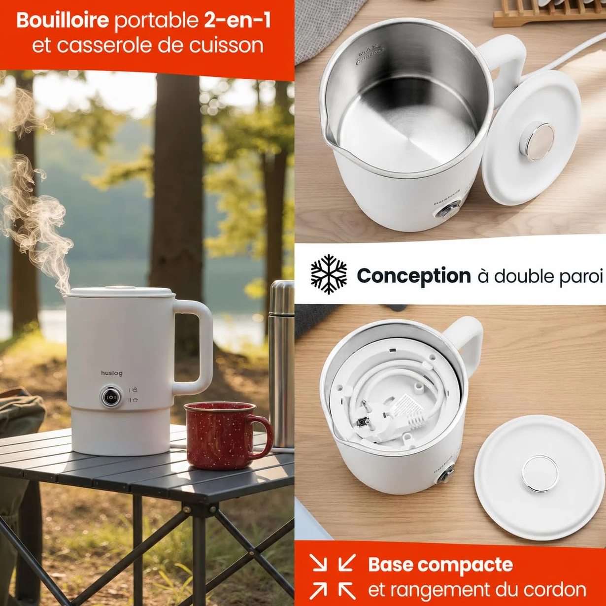 Bouilloire Électrique de Voyage Pliable 2 en 1 0,8L 650W Acier Inoxydable 304 Double Paroi Base 360°