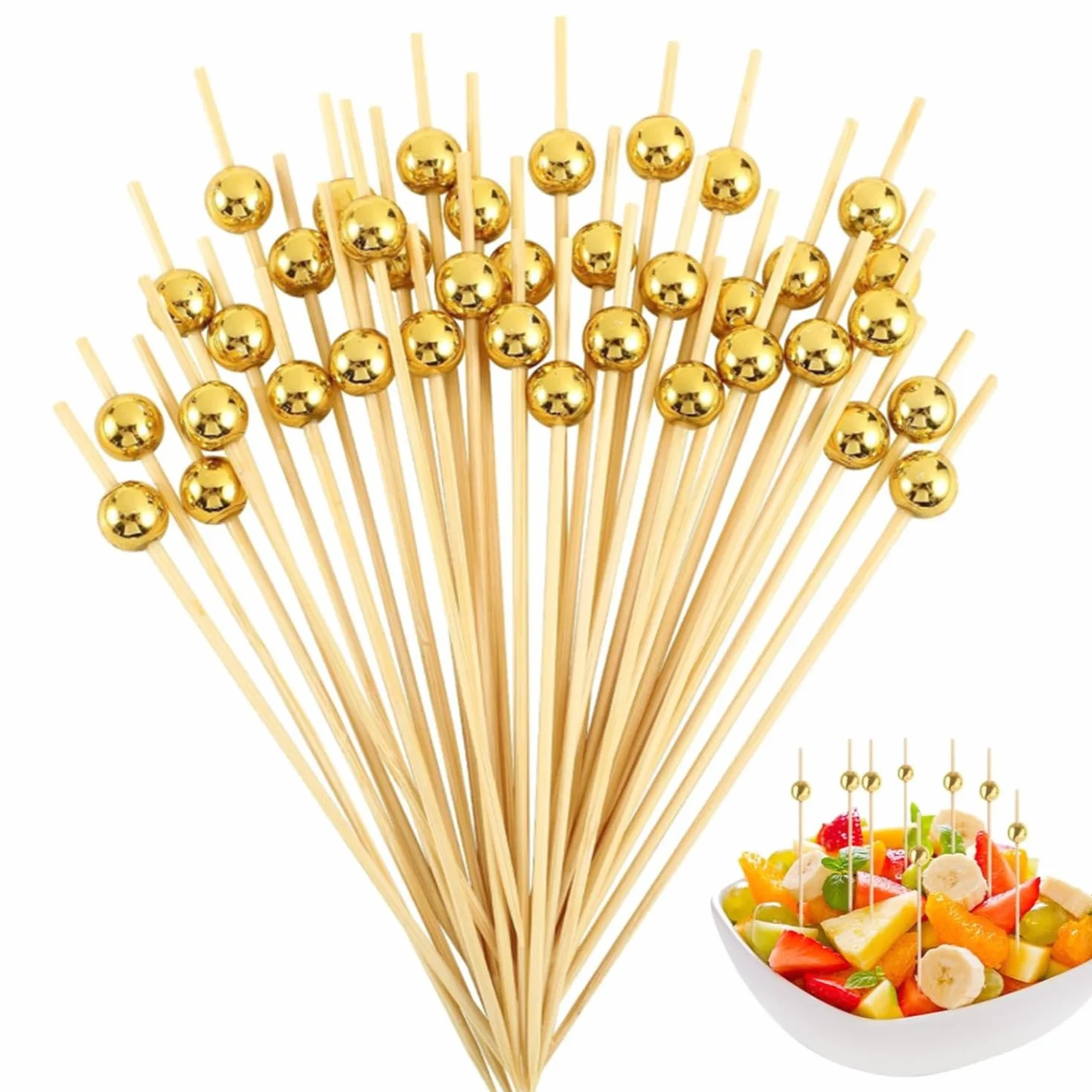 Pic à Cocktail en Bambou 12 cm Perle Dorée – Pics à Cocktail Cure Dents pour Apéritifs, Brochettes, Fêtes, Mariages