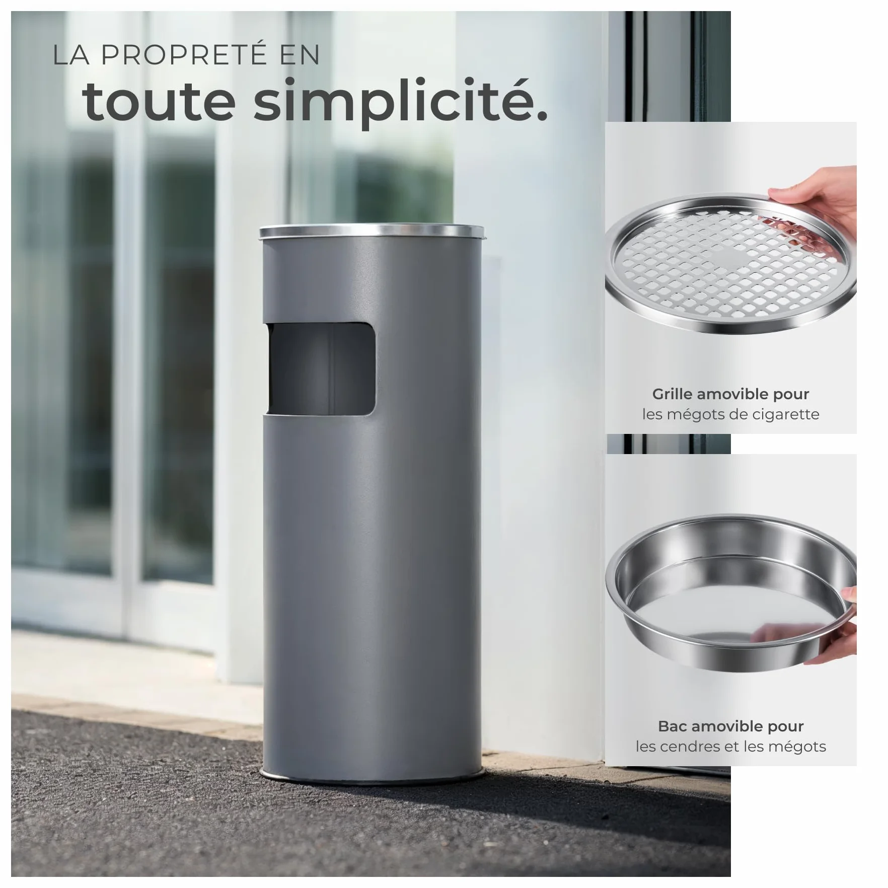 Cendrier sur pied 25 x 61 cm avec poubelle 30L intégrée, Gris anthracite