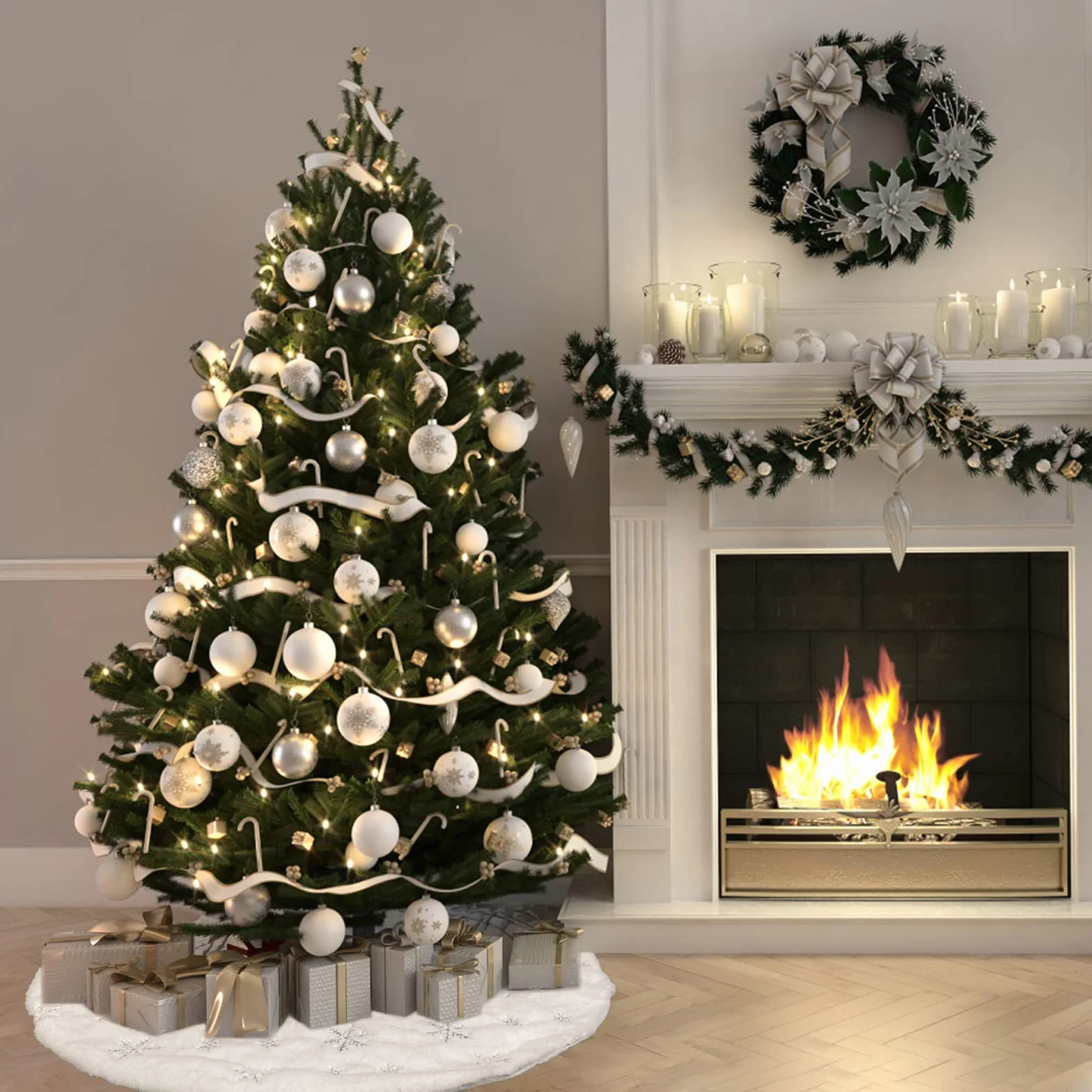 Jupe de Sapin de Noël 90cm, Blanc Peluche Double Couche avec Flocon Argenté, Décoration Noël
