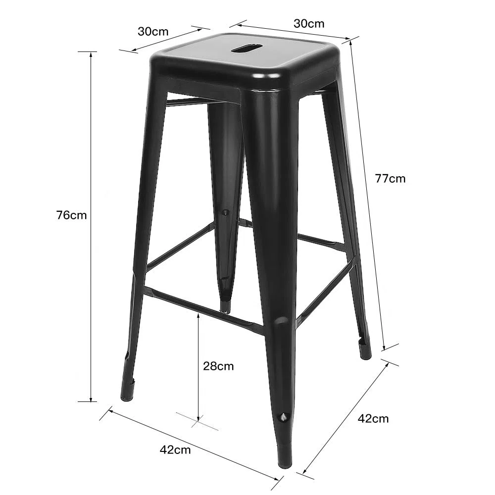 DDMINE Lot de 4 Tabourets de Bar Industriel, Tabouret Bar Tabourets Haut Empilable, Chaise de Bar Metal pour Exterieur Interieur, Max. 150kg (Noir, Hauteur 76cm)