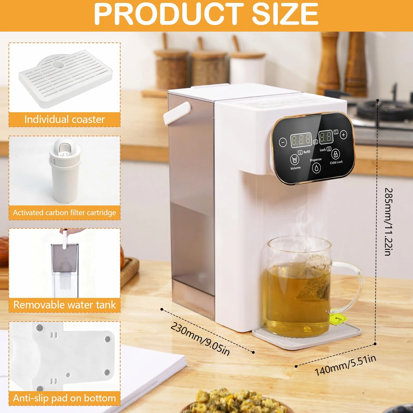 Distributeur d'Eau Chaude 3L Numérique Instantané écran Tactile LED 12 Réglages Température 8 Réglages Volume Filtre Charbon Actif
