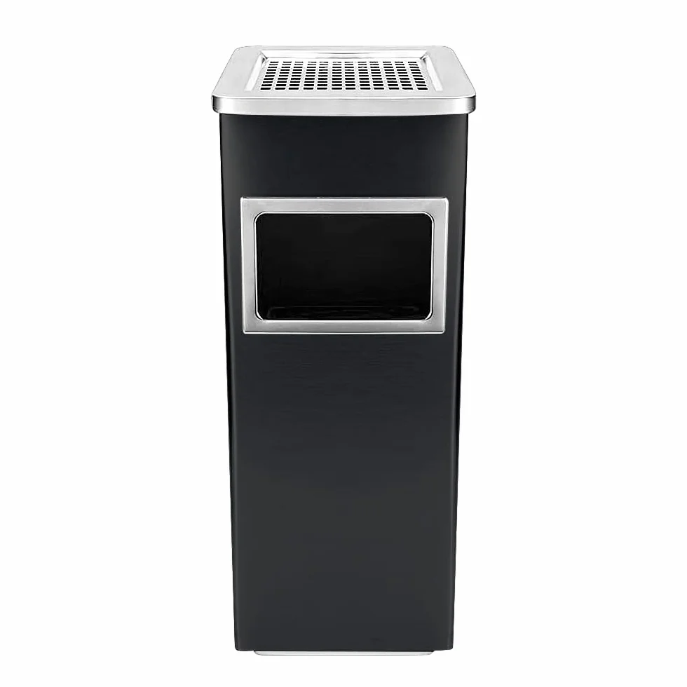 Poubelle en acier inoxydable 35L avec cendrier sur pied, 24x24x60 cm noir
