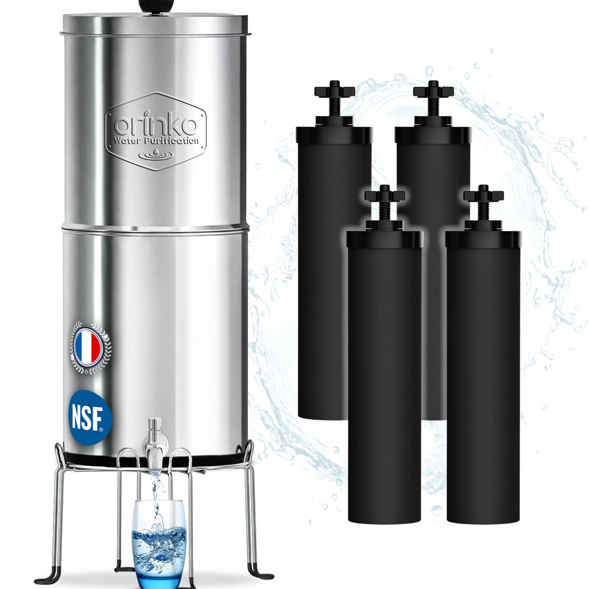 ORINKO Filtre à Eau par Gravité 8,5 L 4 Cartouches Charbon Actif Purificateur d'Eau Fontaine Filtrante