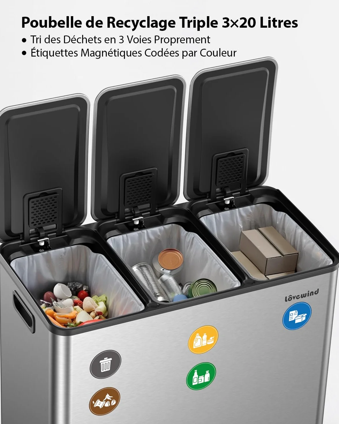 Lovewind Poubelle de Cuisine 3x20L Recyclage 3 Compartiments Argent