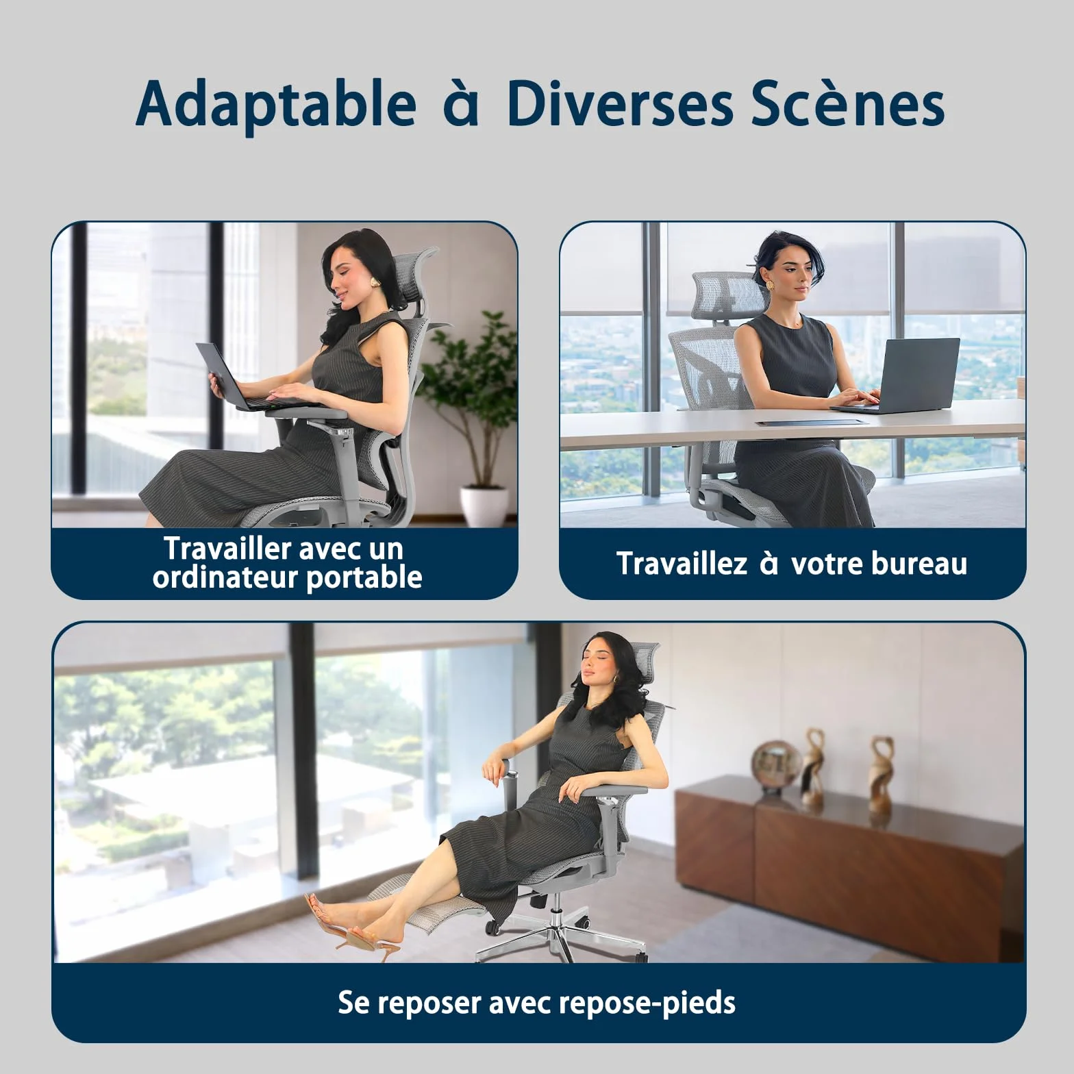 Chaise de Bureau Ergonomique Grand et Haut avec Repose-Pieds, Accoudoirs Réglables 5D, Support Lombaire, Dossier Maille Inclinable, Gris
