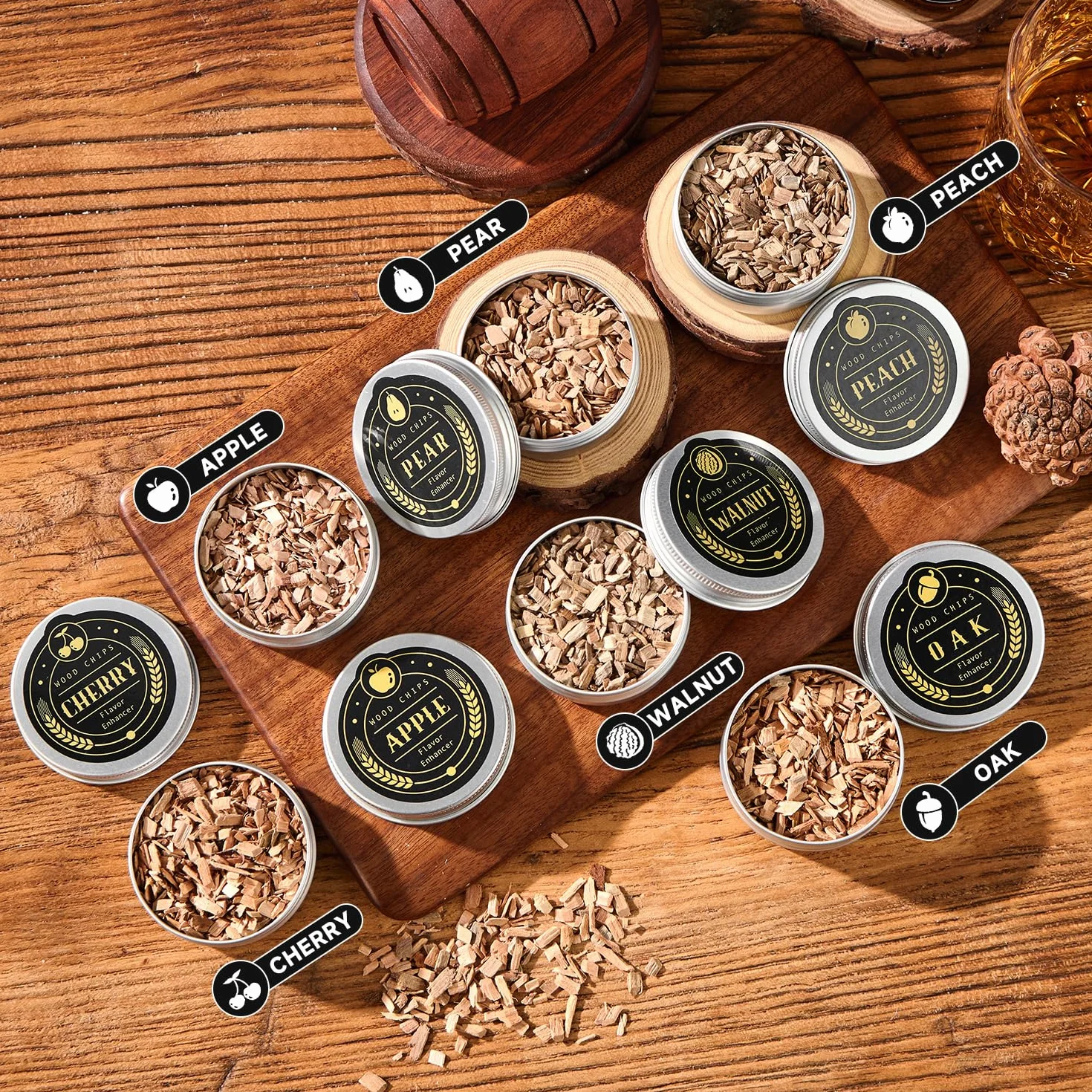 Kit de Fumoir pour Whisky avec Chalumeau - 6 Arômes de Copeaux de Bois, 2 Verres, 2 Moules à Glaçons Sphériques - Kit Fumoir Cocktail, Cadeau Homme