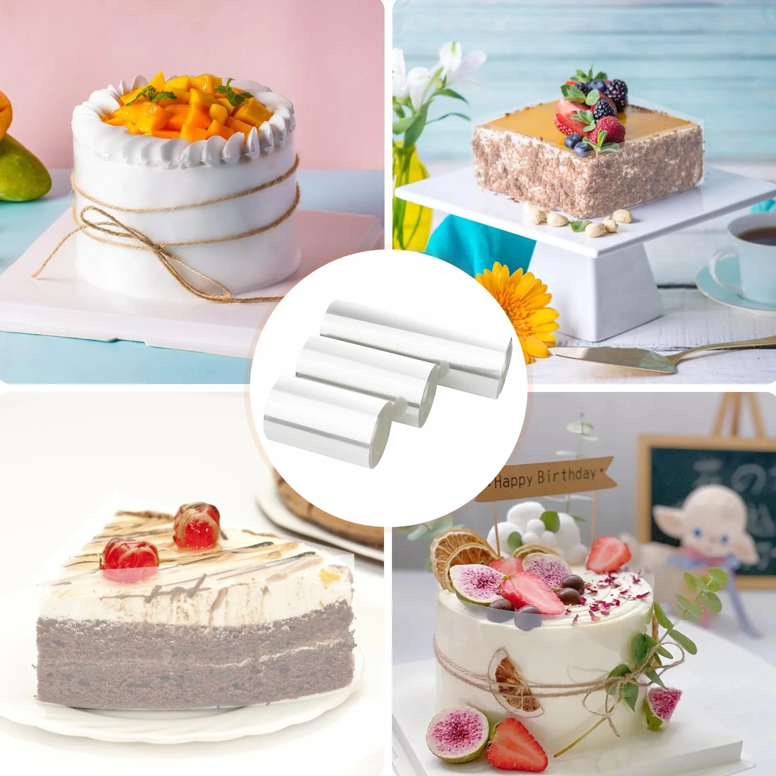 Rhodoid Patisserie 3 Rouleaux Transparent 8cm/10cm/15cmx10m Feuille Film Acétate Gâteau Réutilisable