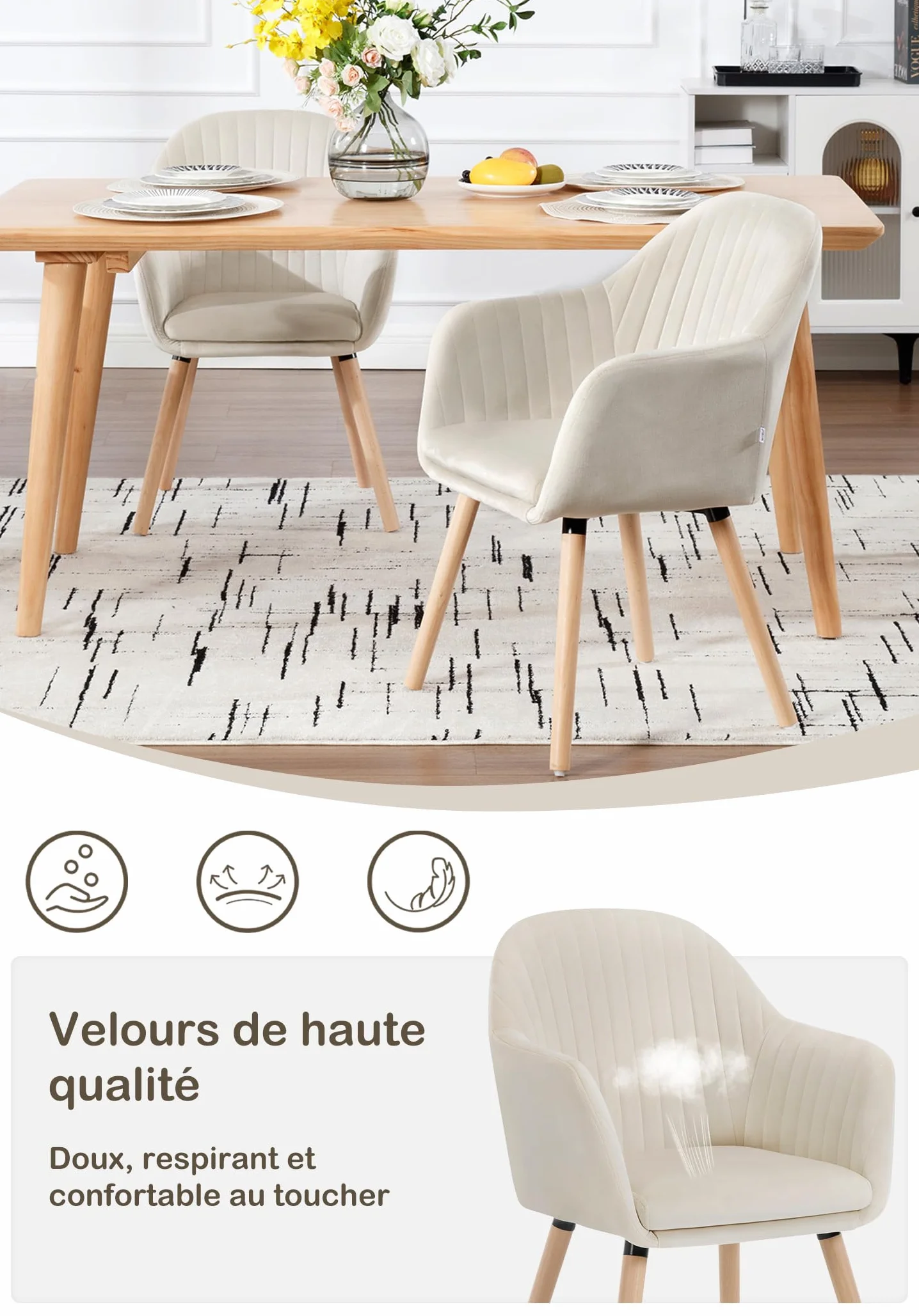 WOLTU Chaise de Salle à Manger en Velours, Pieds en Bois Massif, Charge Max. 150 kg, Crème Blanc