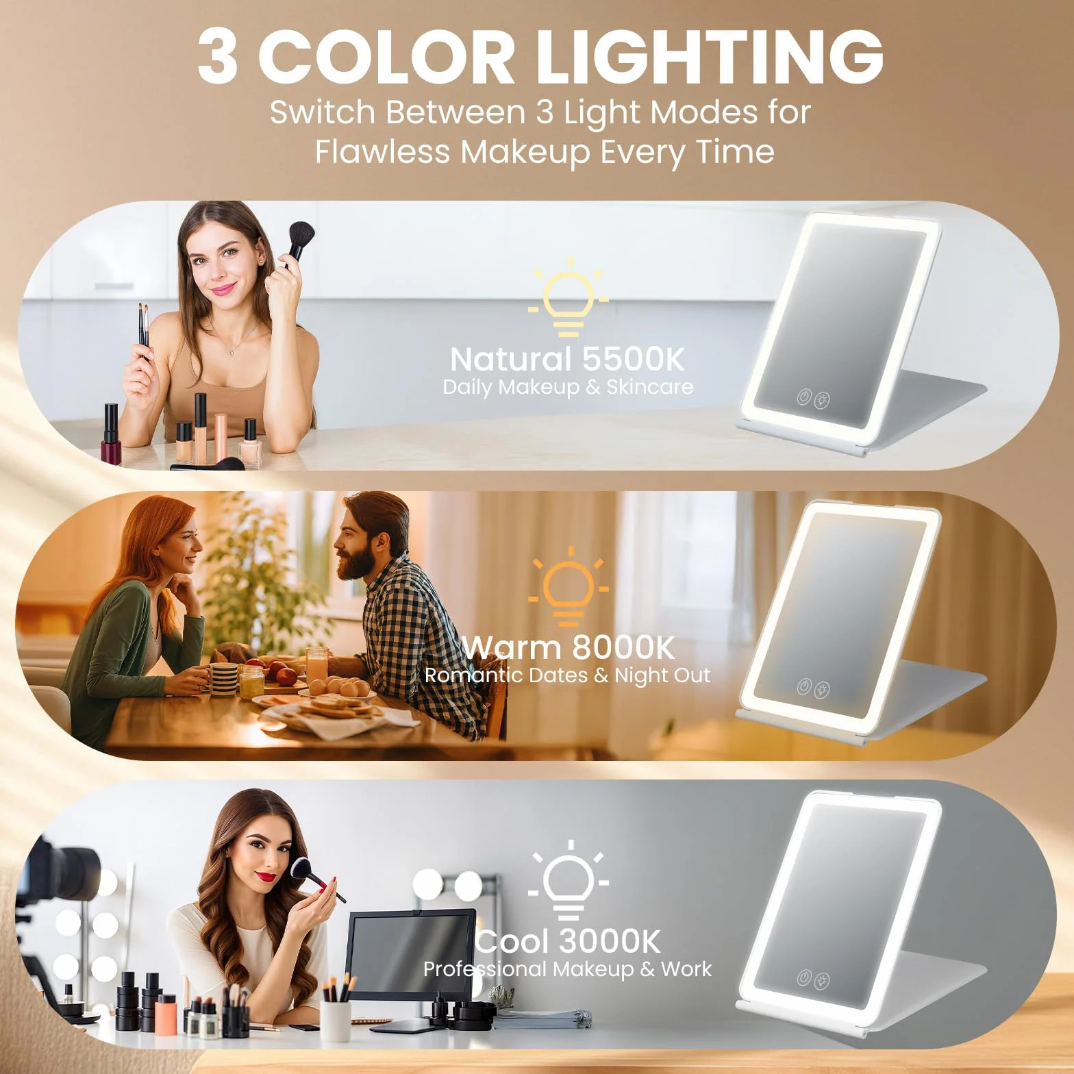 Miroir Maquillage Lumineux 72 LED 1500mAh Luminosité Ajustable 3 Modes Pliable Portable