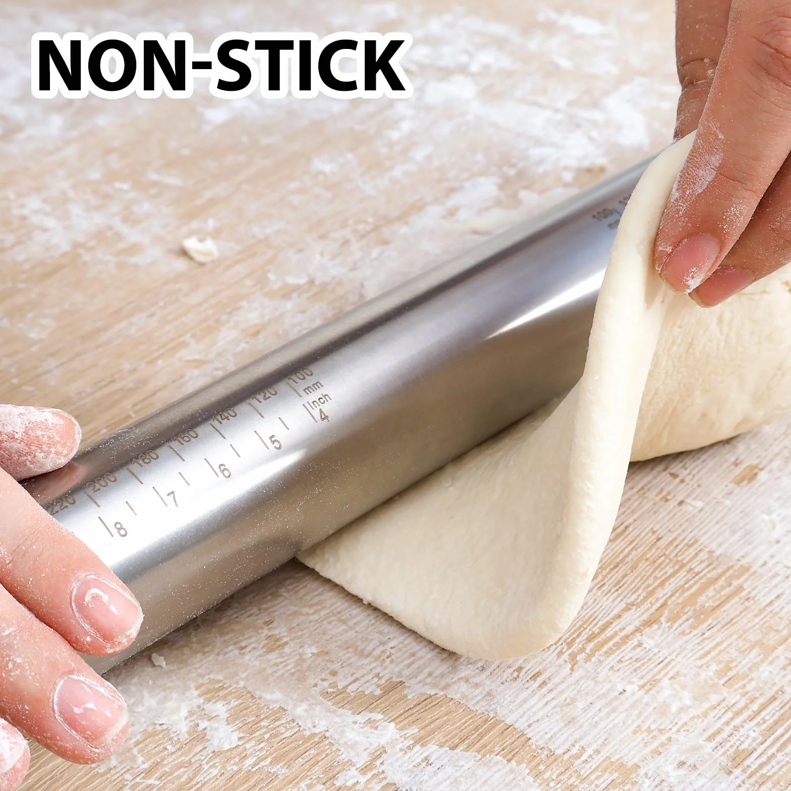 Rouleau à Pâtisserie Antiadhésif Ajustable en Acier Inoxydable 40cm, avec Anneaux Amovibles 5 Tailles