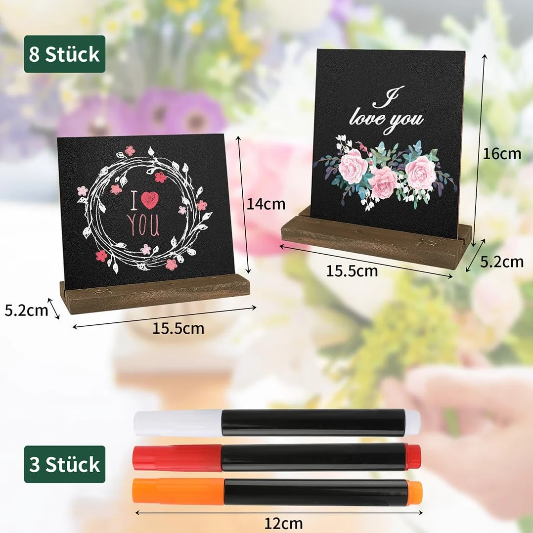 Lot de 8 Tableaux noirs en ardoise avec supports en bois, 3 stylos pour menu de fête et mariage