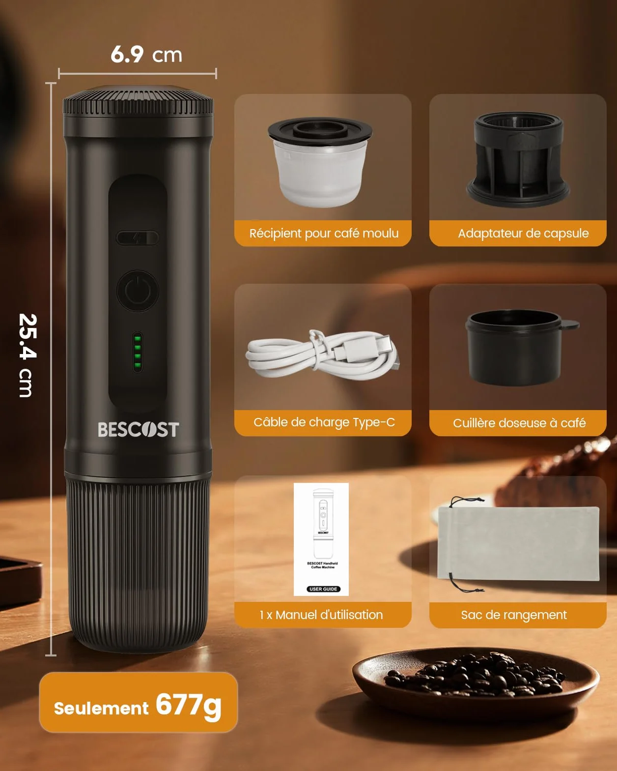 Machine à Café Portable 2 en 1 9600 mAh 20 Bars Rechargeable pour Voyage