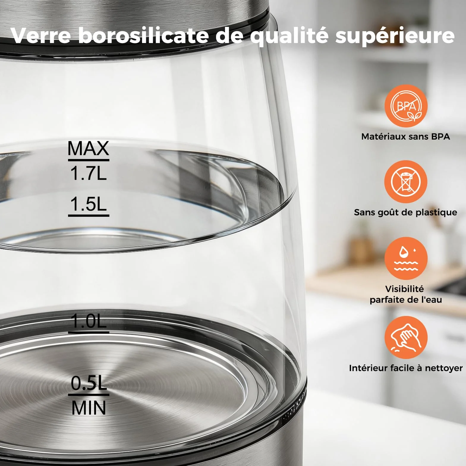 Bouilloire Électrique en Verre 1,7L 2200W avec LED Bleue et Filtre Anticalcaire