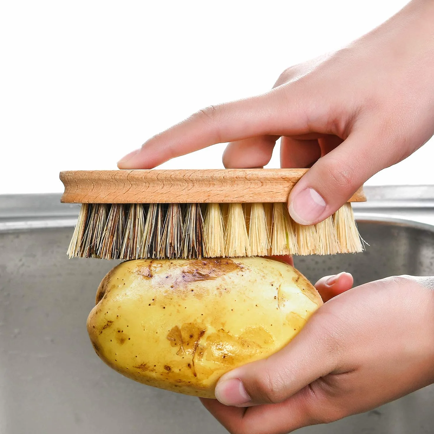 Brosse à légumes Veggie côté dur et doux manche en bois sisal outils de nettoyage fruits