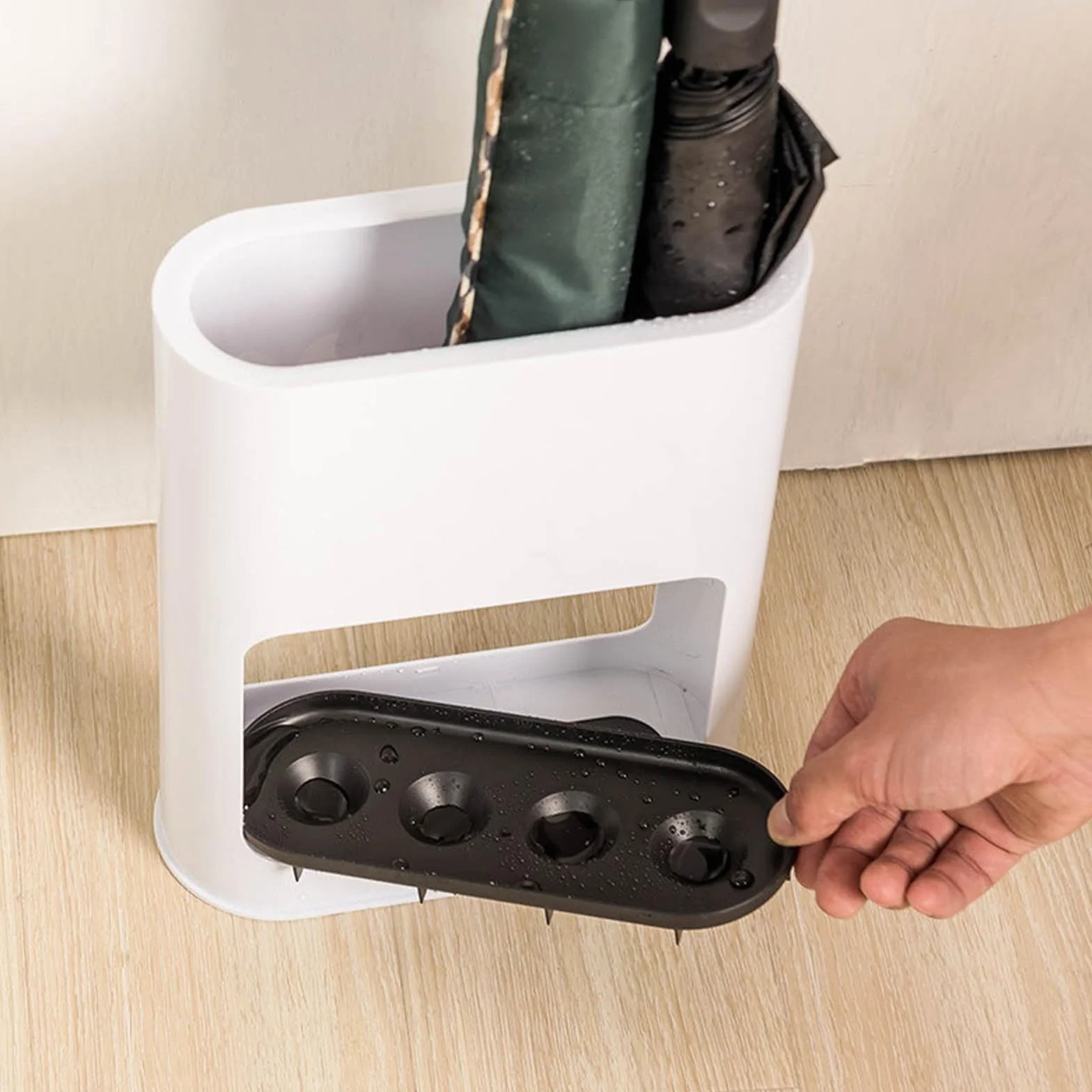 Porte-parapluie blanc avec ventouse silicone anti-basculement bac égouttement amovible 4 fentes
