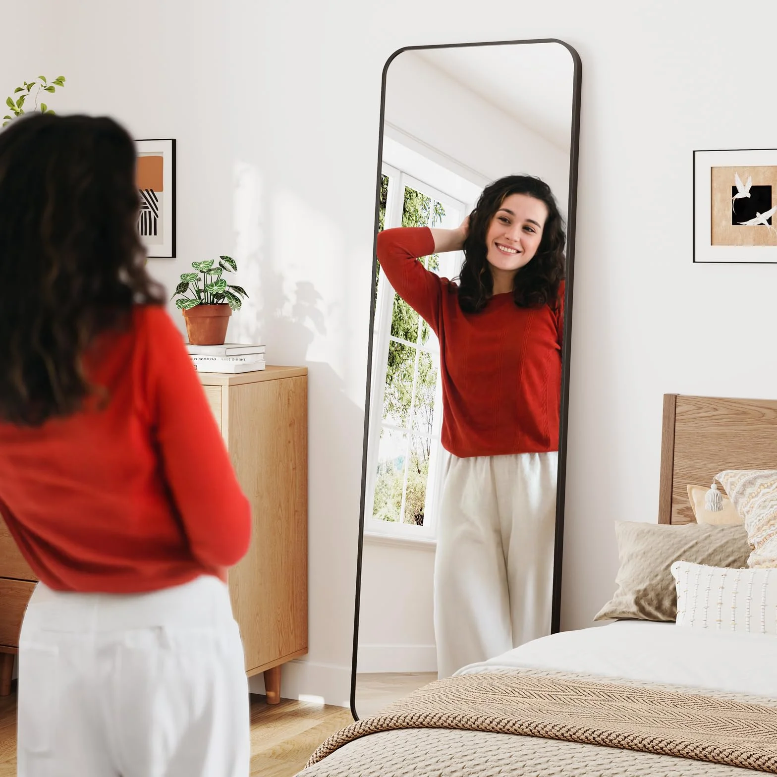 Dripex Grand Miroir 150x40cm Coins Arrondis Miroir Pied Suspendu Cadre Alliage Aluminium Noir