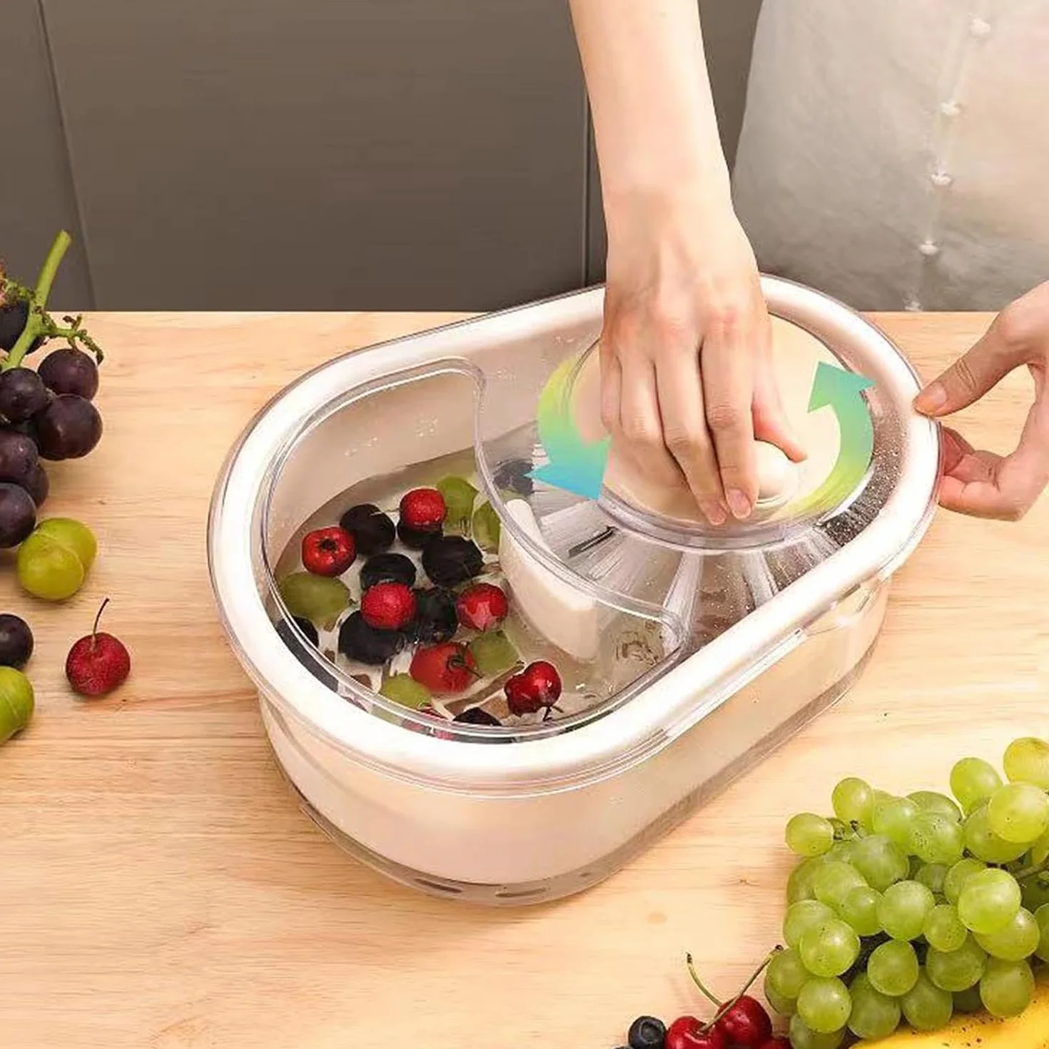 Écumoire à fruits portable avec couvercle lave-fruits légumes brosse cuisine Blanc
