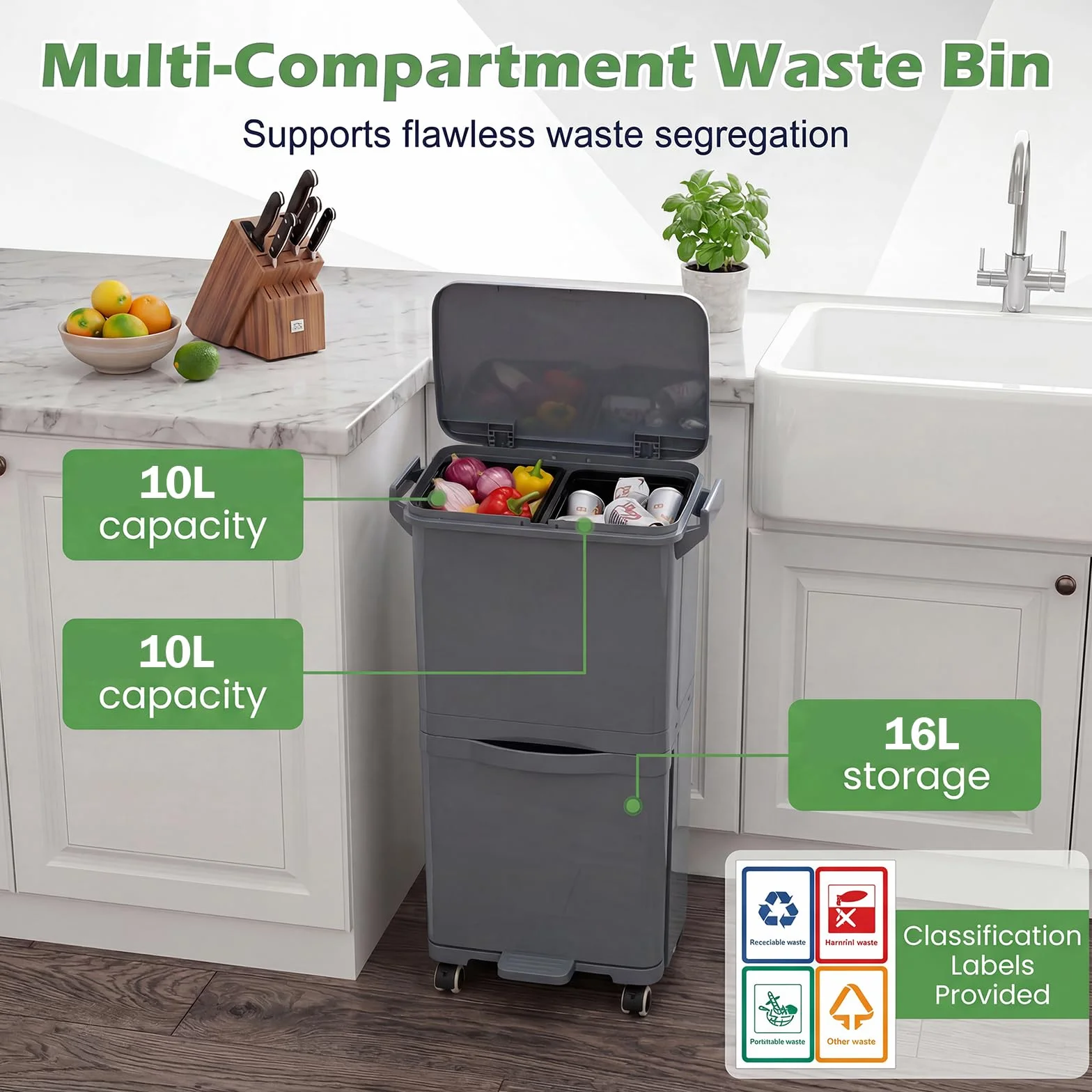 LIFEZEAL Poubelle de Cuisine 36L, Poubelle de Tri Sélectif 2 Niveaux, Pédale, Bac Inclinable, Plastique, Gris