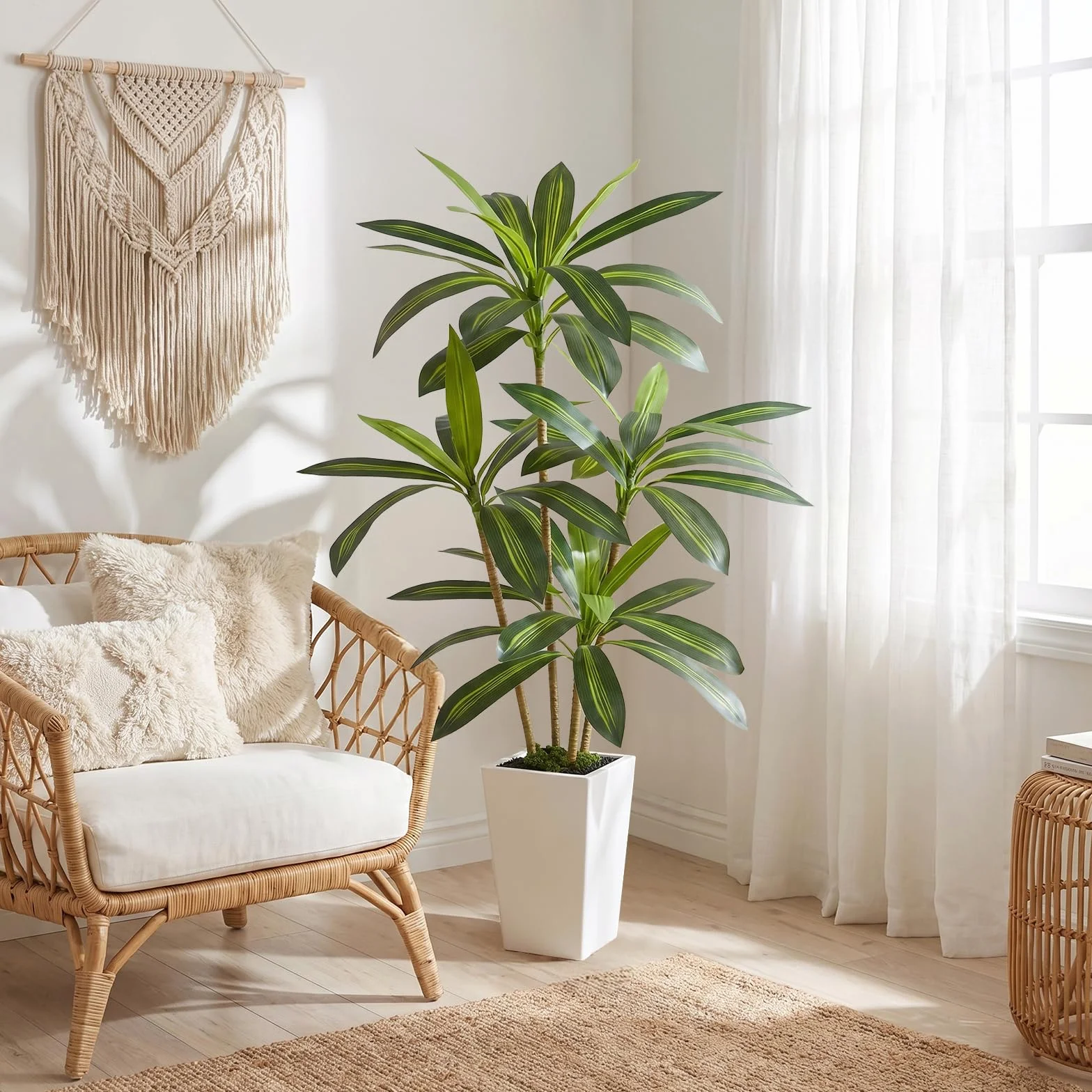 Dracaena Artificiel 160 cm Arbre Artificiel Interieur avec Pot Blanc Plante Artificielle Grande Tropical