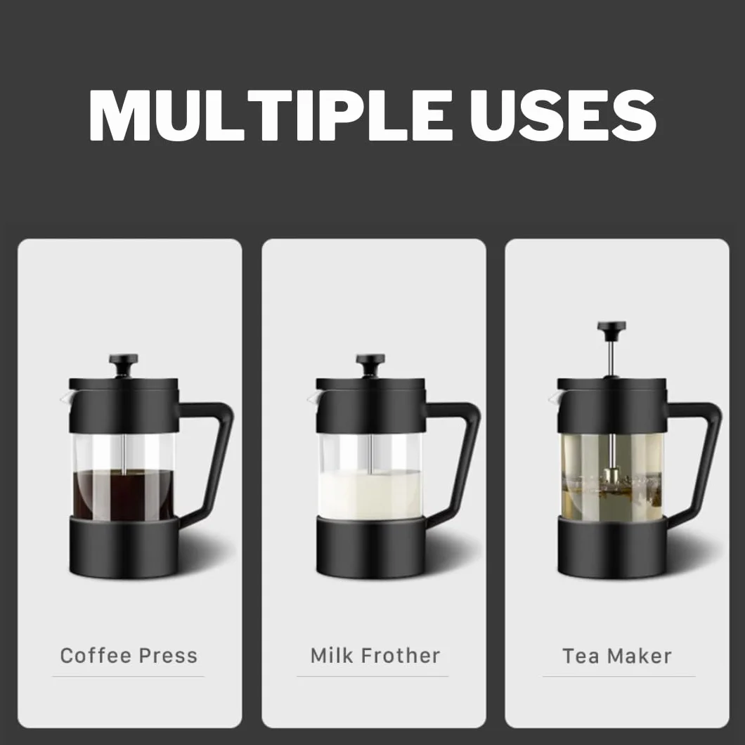 Cafetière à piston W&M en verre borosilicate et acier inoxydable, triple filtre - Noir