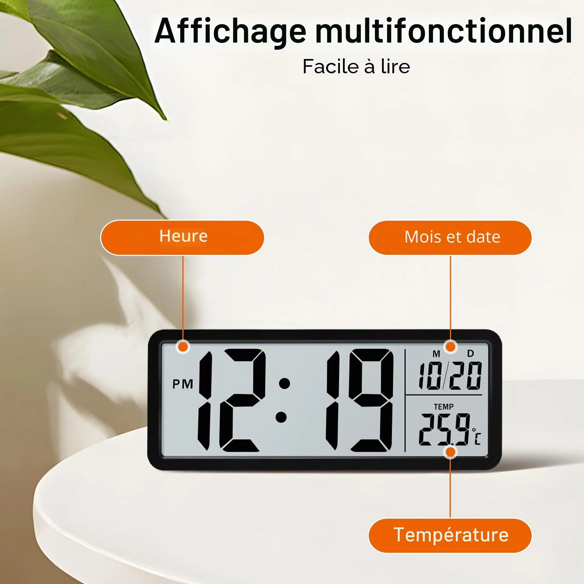 Lafocuse Horloge Murale Numérique 8.5" LCD Grande Chiffre avec Température Date 12/24H Noir