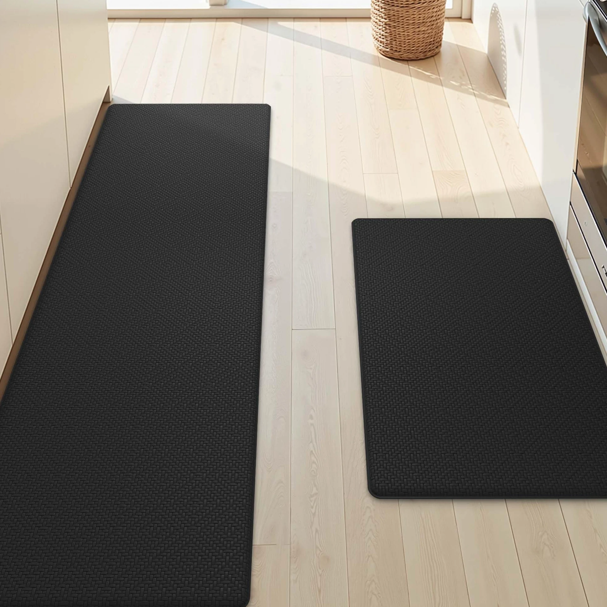Tapis de Cuisine Lavables Lot de 2 44x75+44x150cm Vinyle Antidérapant Anti-Fatigue Noir