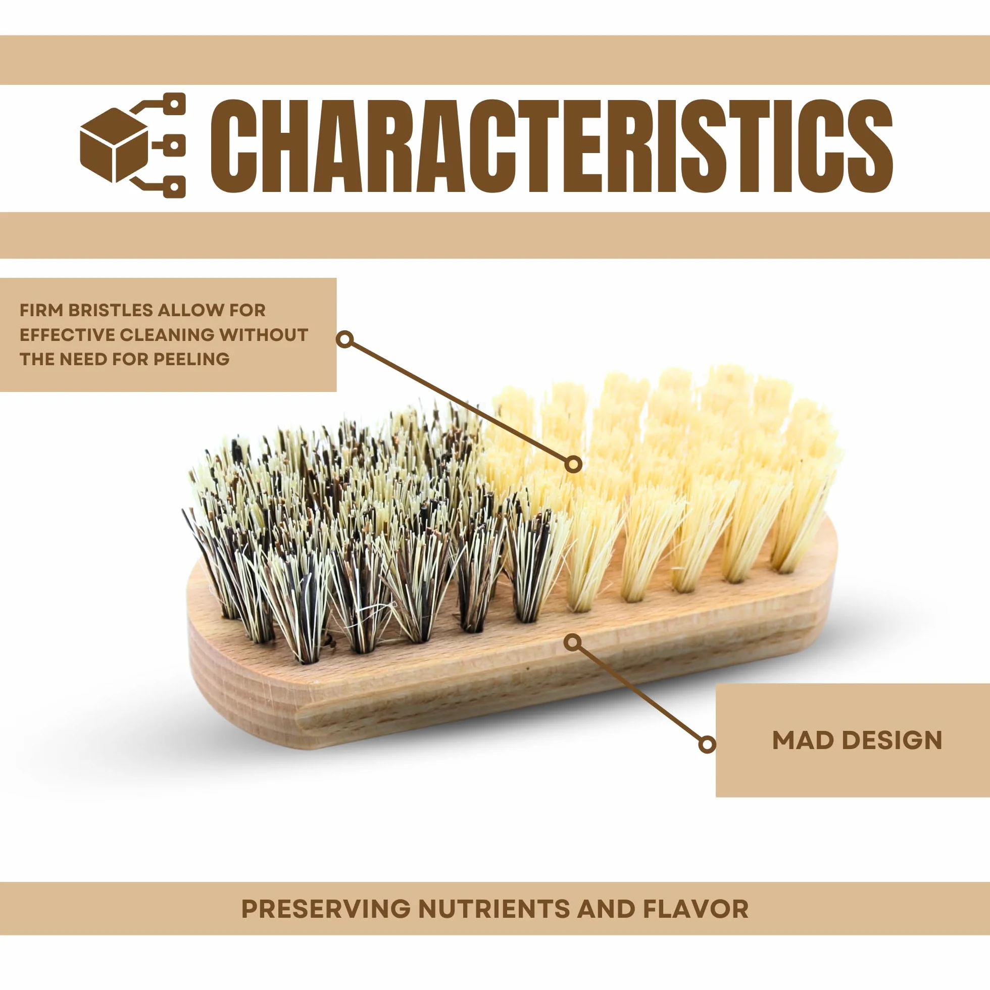 Brosse à légumes en hêtre pour fruits et crudités - Design ergonomique - Brosse de cuisine en bois